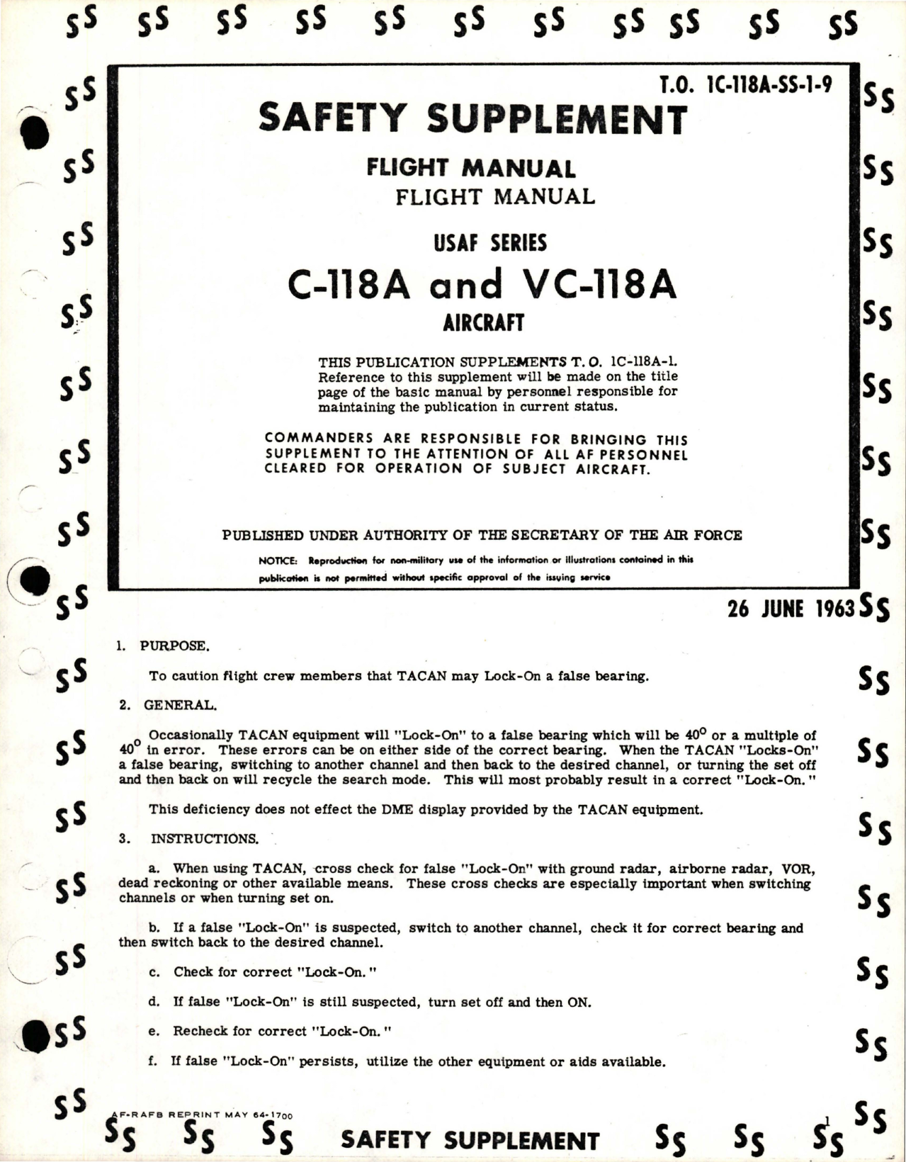 Sample page 1 from AirCorps Library document: Safety Supplement to Flight Manual for C-118A and VC-118A