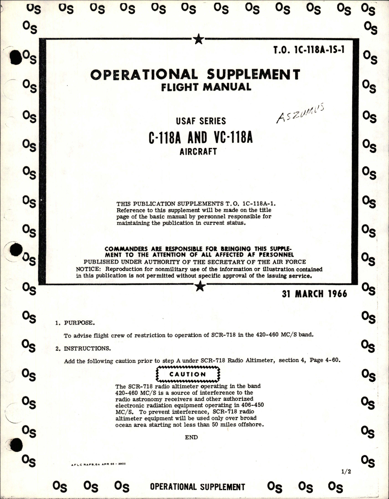 Sample page 1 from AirCorps Library document: Operational Supplement to Flight Manual for C-118A and VC-118A