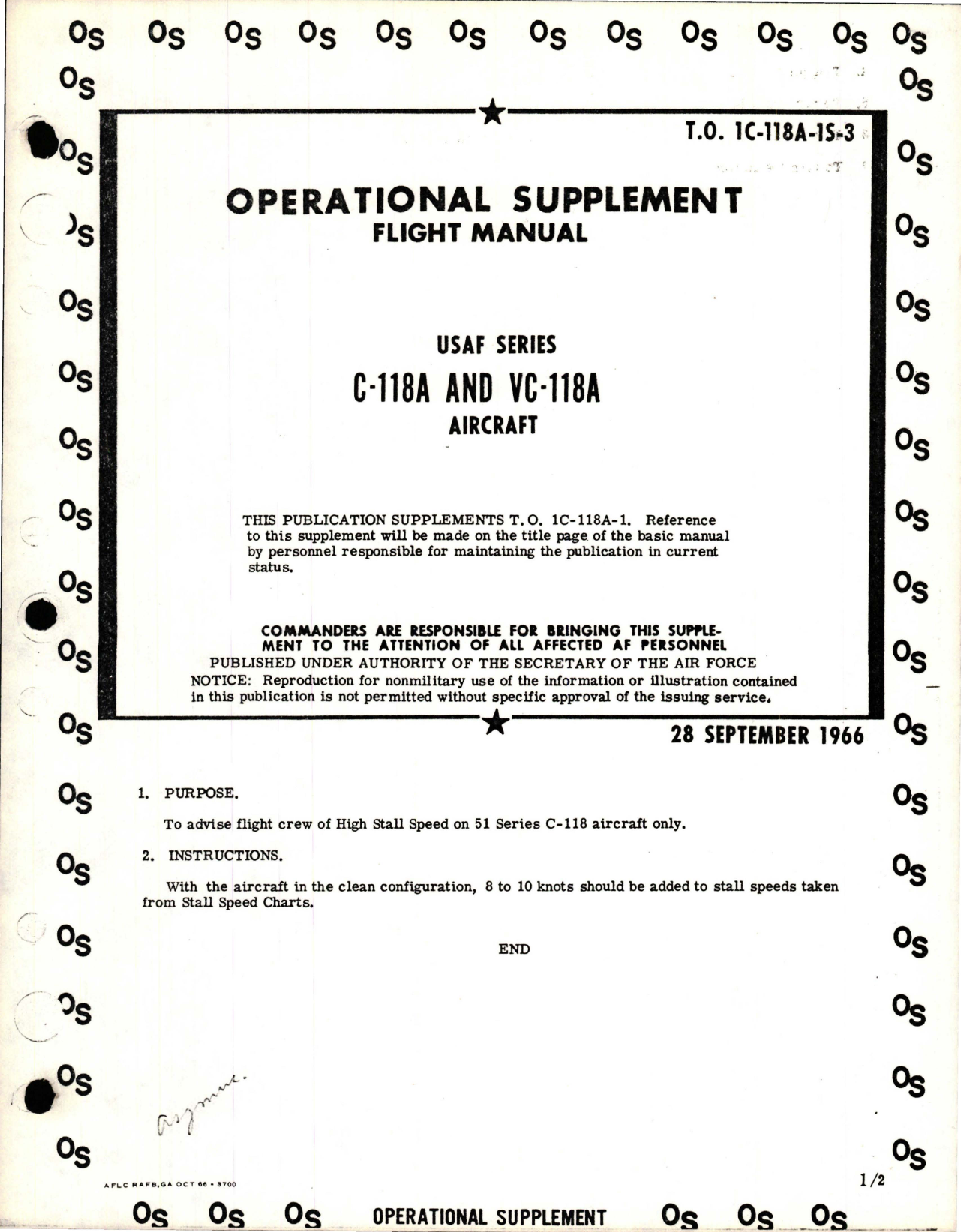 Sample page 1 from AirCorps Library document: Operational Supplement to Flight Manual for C-118A and VC-118A
