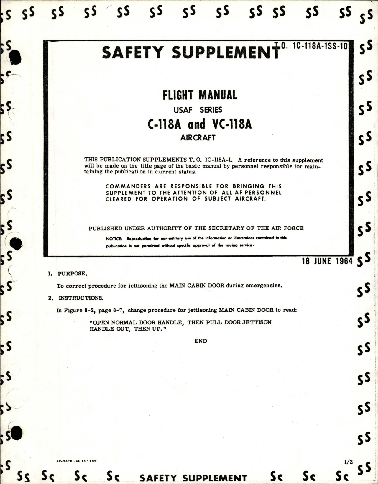 Sample page 1 from AirCorps Library document: Safety Supplement to Flight Manual for C-118A and VC-118A