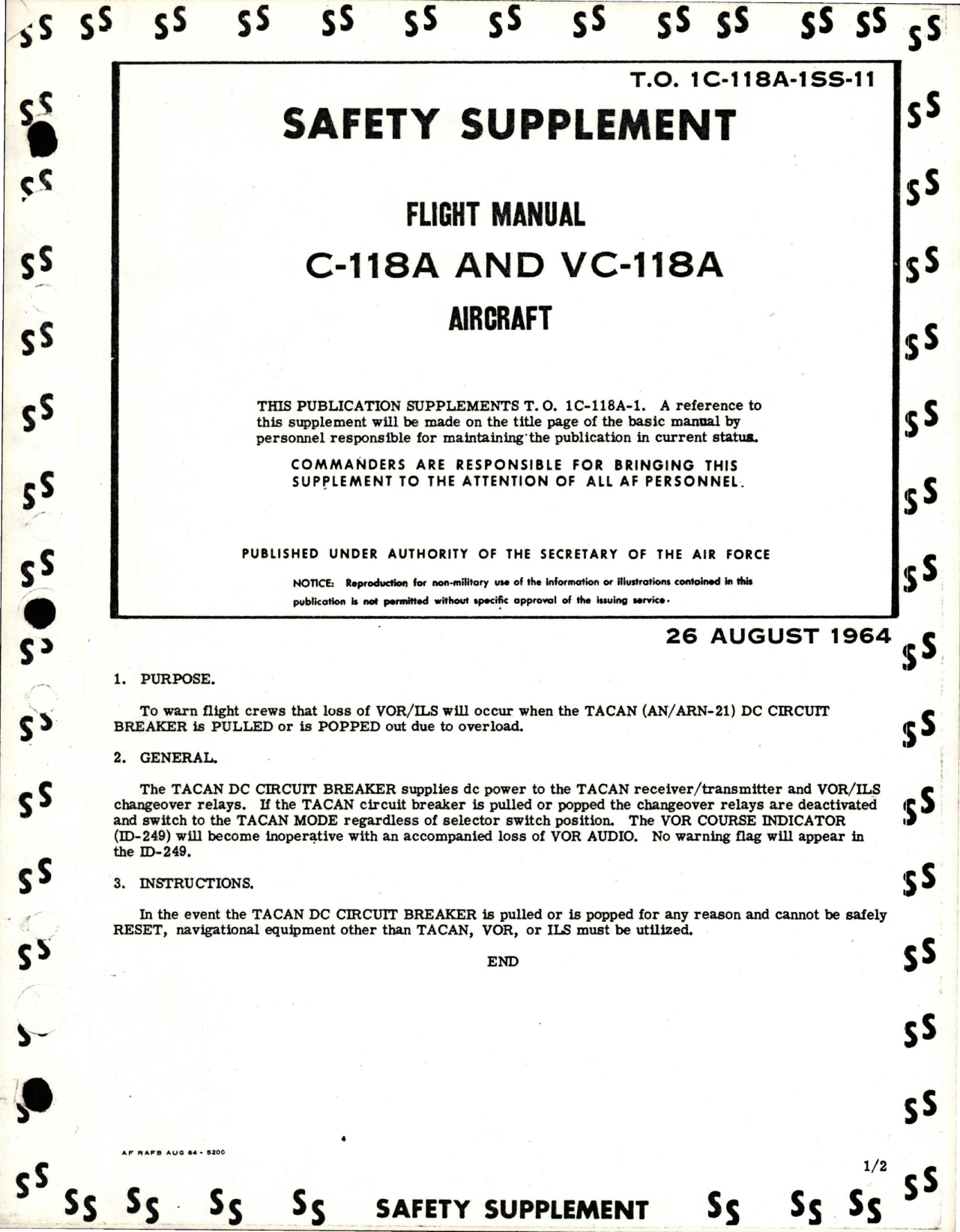 Sample page 1 from AirCorps Library document: Safety Supplement to Flight Manual for C-118A and VC-118A