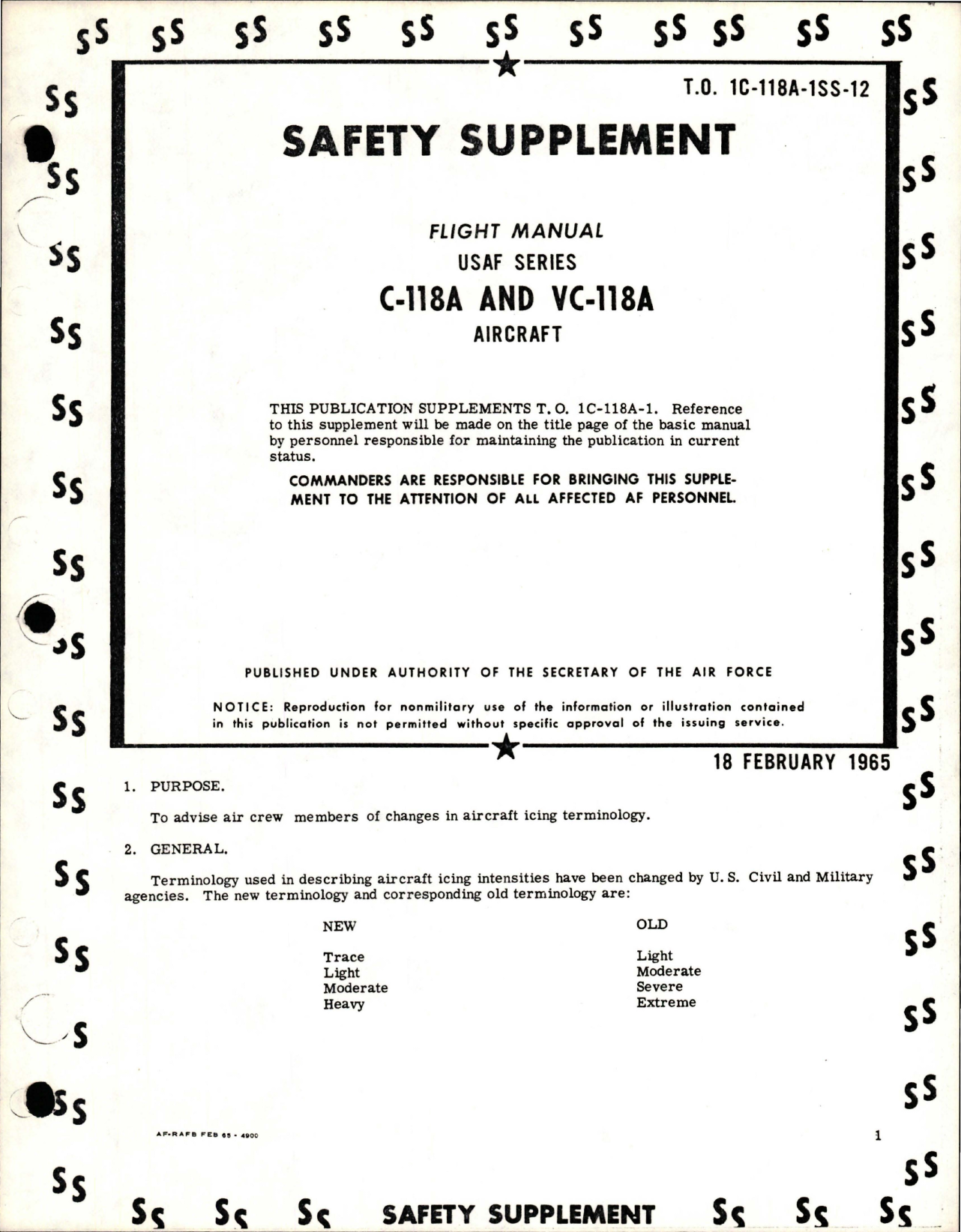 Sample page 1 from AirCorps Library document: Safety Supplement to Flight Manual for C-118A and VC-118A