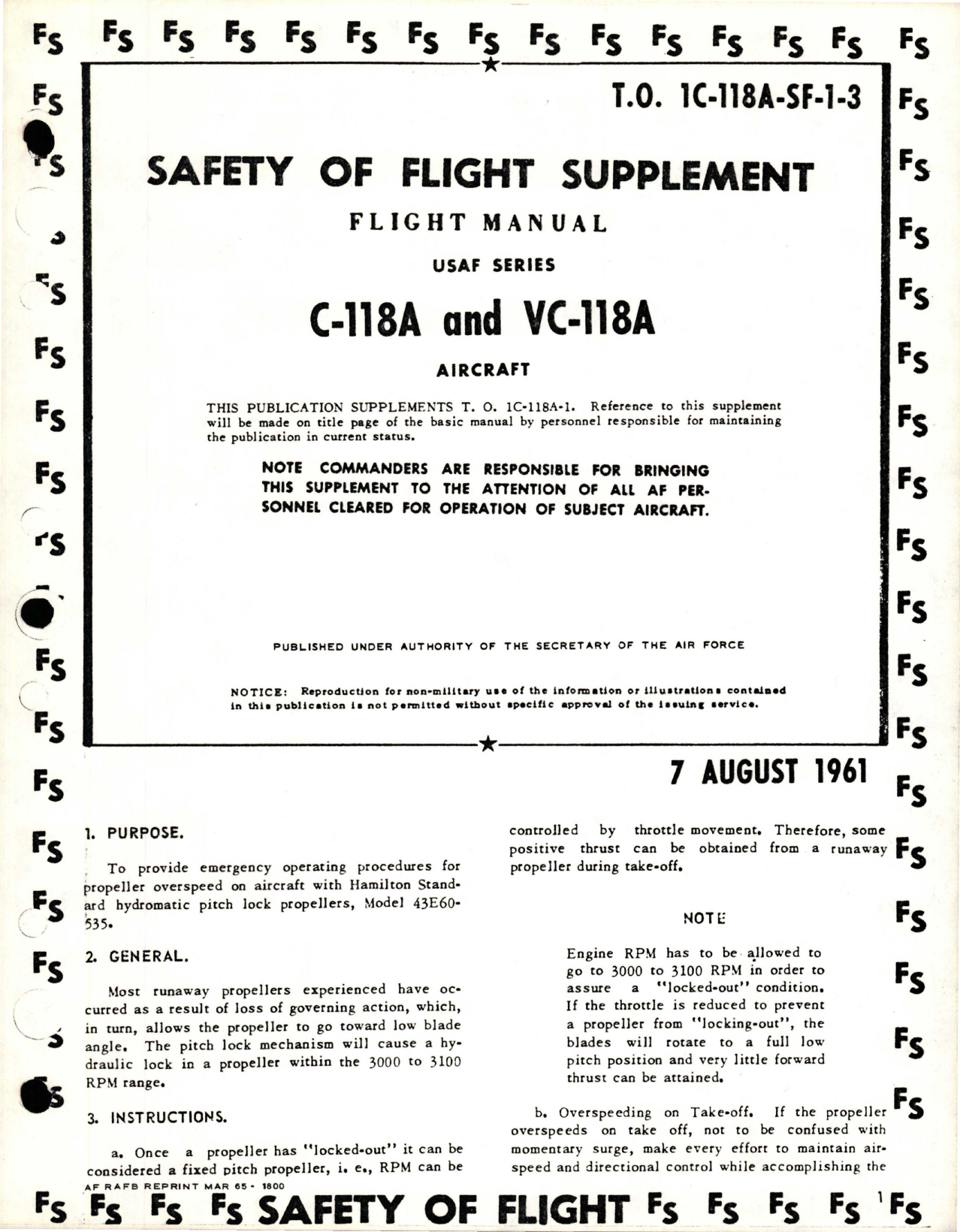 Sample page 1 from AirCorps Library document: Safety Supplement to Flight Manual for C-118A and VC-118A