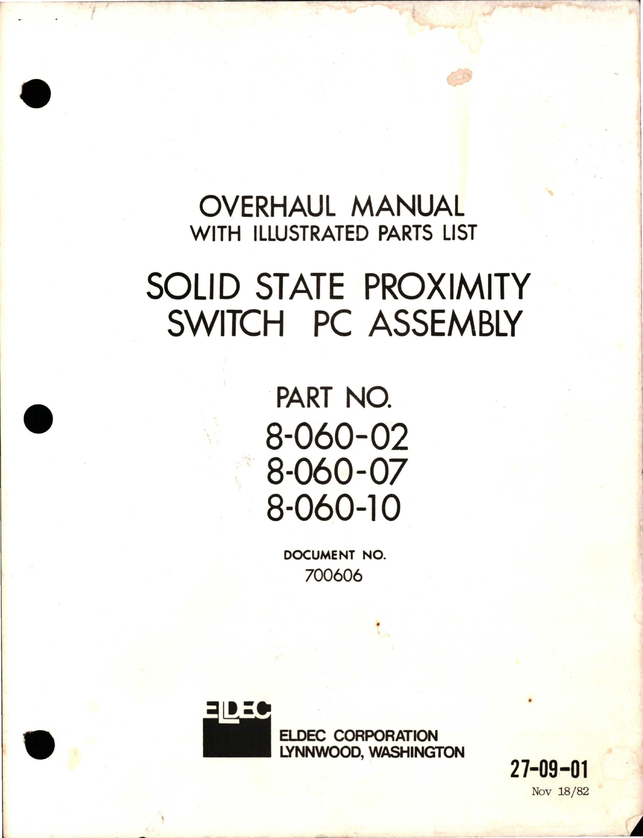 Sample page 1 from AirCorps Library document: Overhaul with Illustrated Parts List for Solid State Proximity Switch PC Assembly - Parts 8-060-02, 8-060-07, and 8-060-10