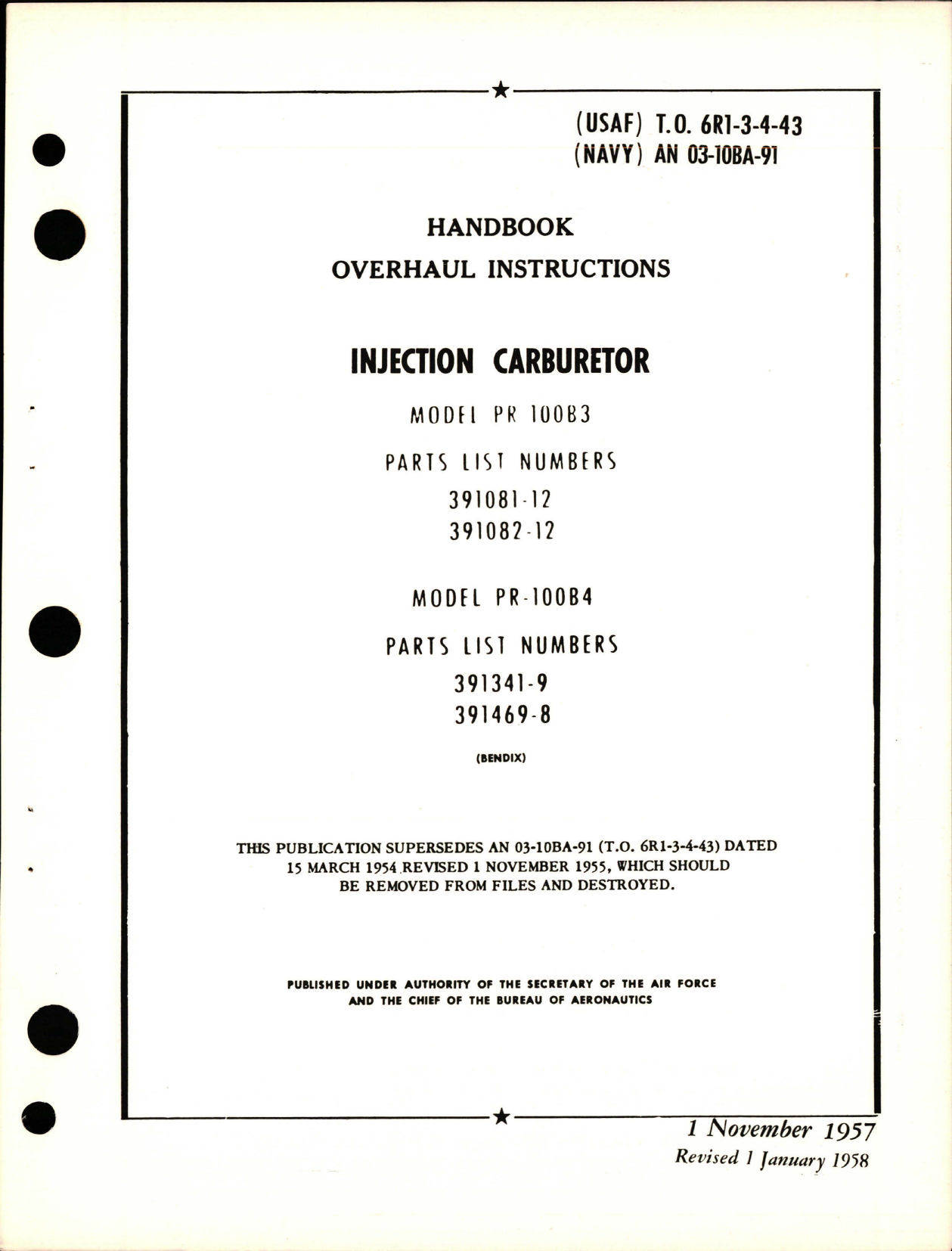Sample page 1 from AirCorps Library document: Overhaul Instructions for Injection Carburetor - Model PR-100B3, PR-100B4  - Parts List 391081-12, 391082-12, 391341-9, and 391469-8