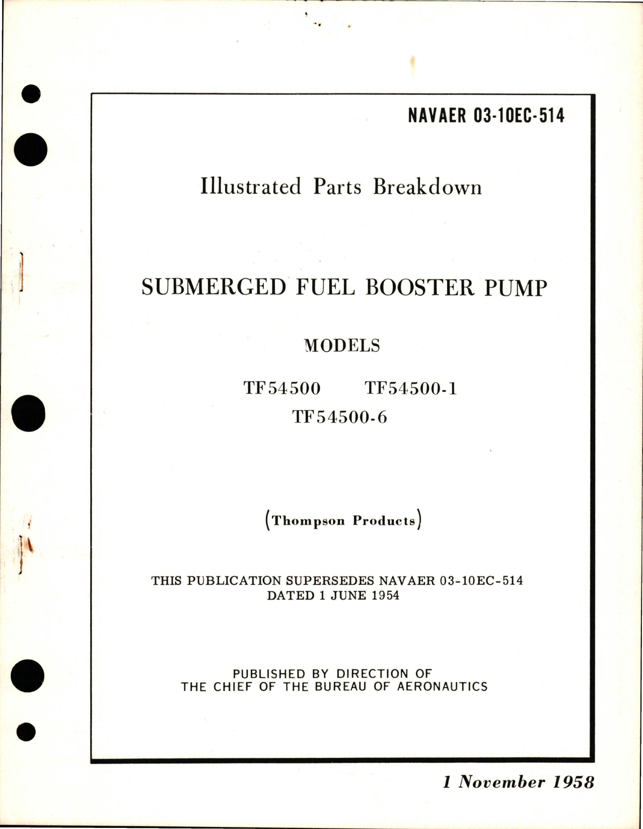 Sample page 1 from AirCorps Library document: Illustrated Parts Breakdown for Submerged Fuel Booster Pump - Models TF54500, TF54500-1, and TF54500-6