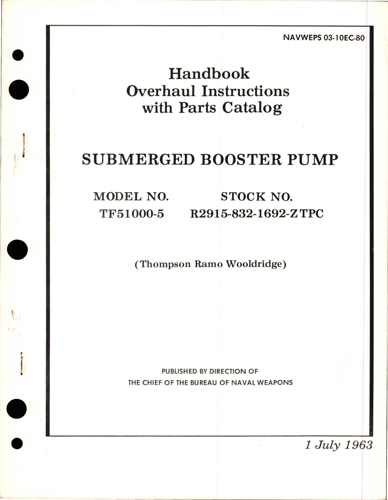 Sample page 1 from AirCorps Library document: Overhaul Instructions with Parts Catalog for Submerged Booster Pump - Model TF51000-5 
