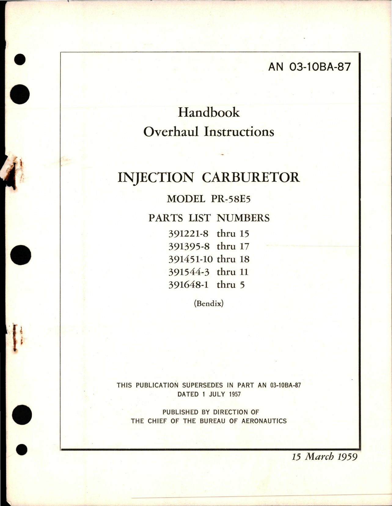 Sample page 1 from AirCorps Library document: Overhaul Instructions for Injection Carburetor - Model PR-58E5