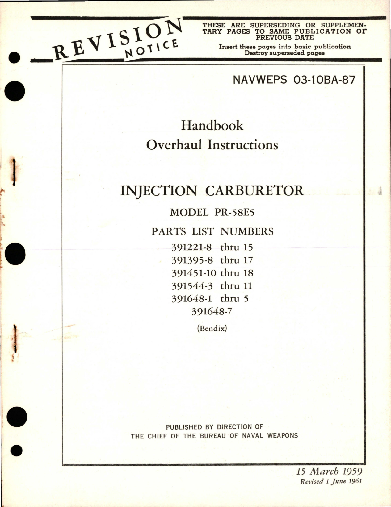 Sample page 1 from AirCorps Library document: Overhaul Instructions for Injection Carburetor - Model PR-58E5