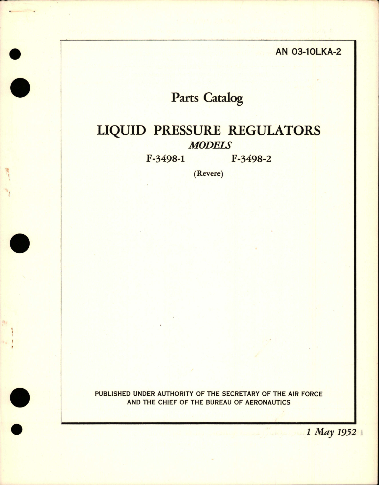 Sample page 1 from AirCorps Library document: Parts Catalog for Liquid Pressure Regulators - Models F-3498-1 and F-3498-2