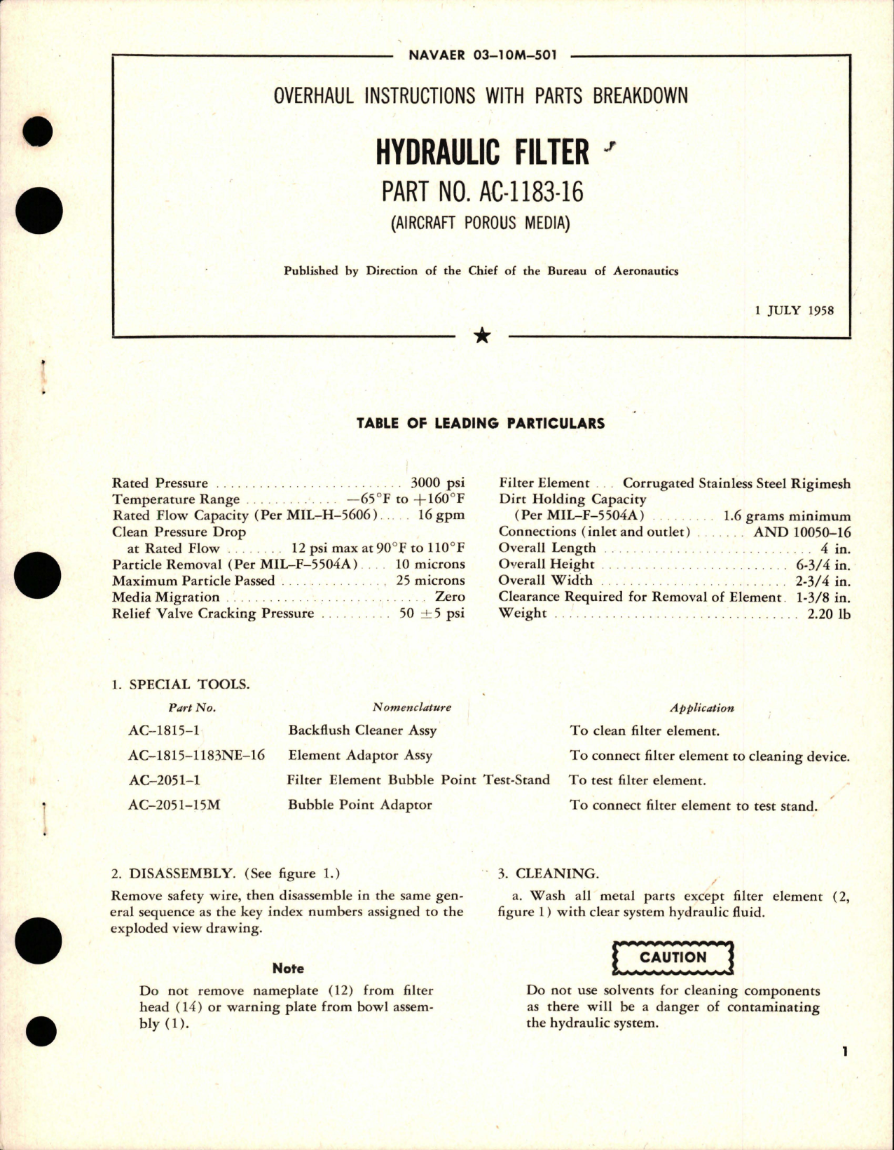Sample page 1 from AirCorps Library document: Overhaul Instructions with Parts Breakdown for Hydraulic Filter - Part AC-1183-16 
