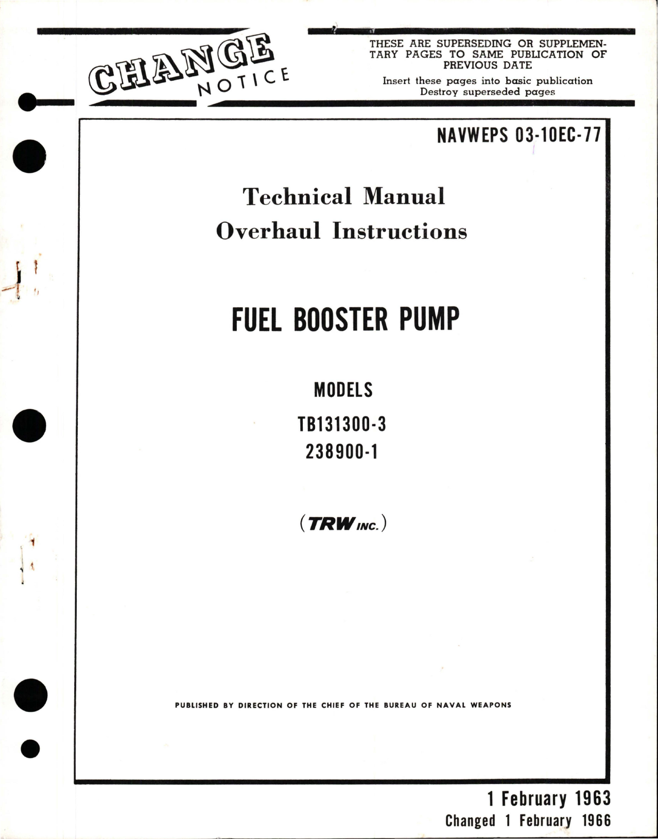 Sample page 1 from AirCorps Library document: Overhaul Instructions for Fuel Booster Pump - Models TB131300-3 and 238900-1