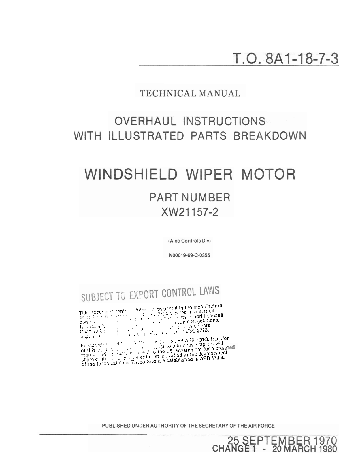 Sample page 1 from AirCorps Library document: Overhaul Instructions with Illustrated Parts Breakdown for Windshield Wiper Motor - Parts XW21157-2 