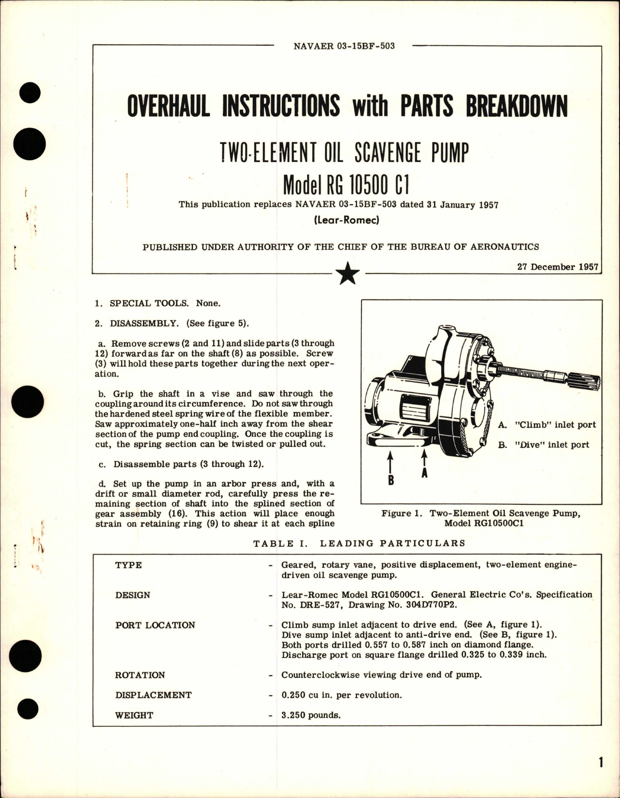Sample page 1 from AirCorps Library document: Overhaul Instructions with Parts for Two-Element Oil Scavenge Pump - Model RG 10500 C1