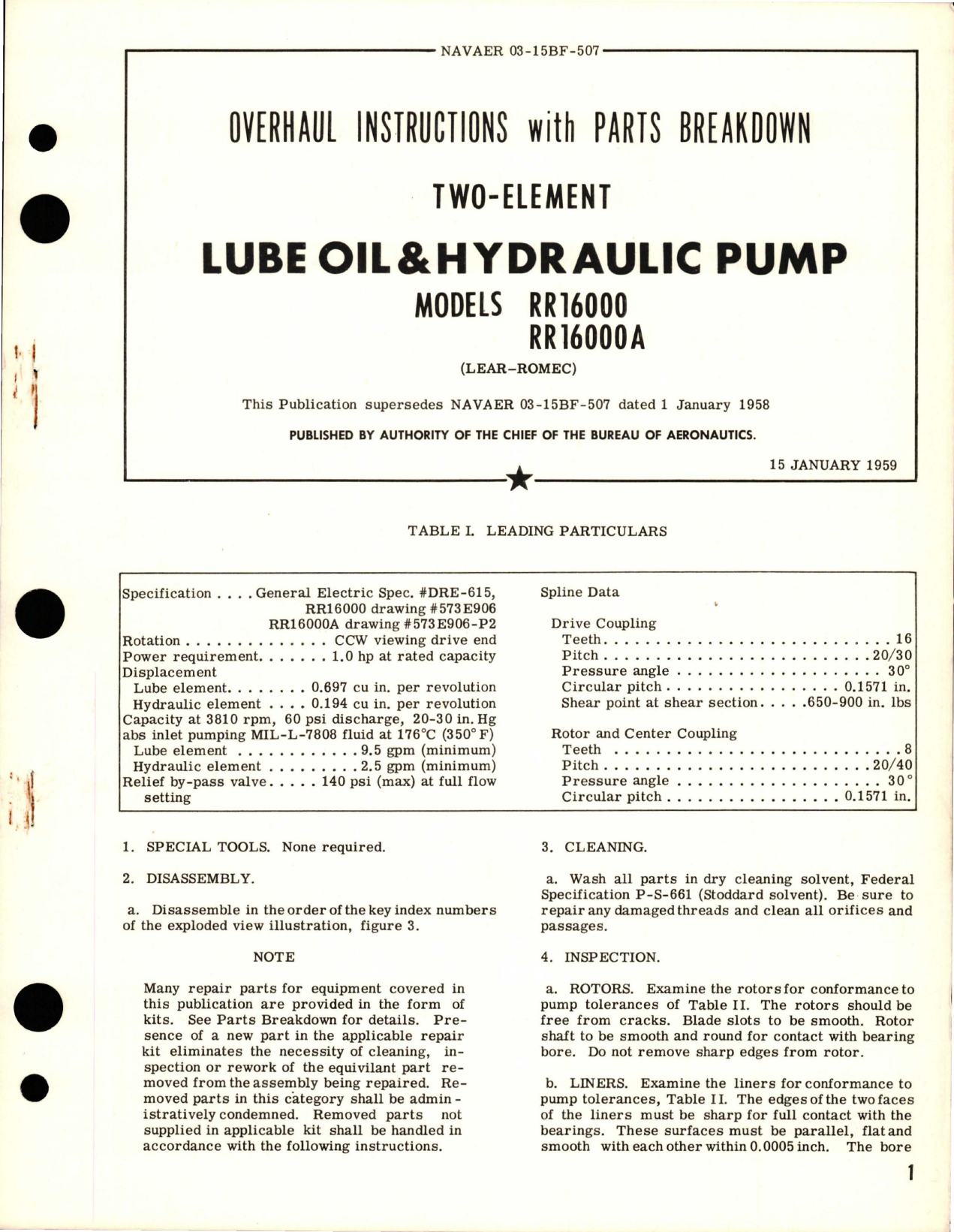 Sample page 1 from AirCorps Library document: Overhaul Instructions with Parts for Two-Element Lube Oil & Hydraulic Pump - Models RR16000 and RR16000A
