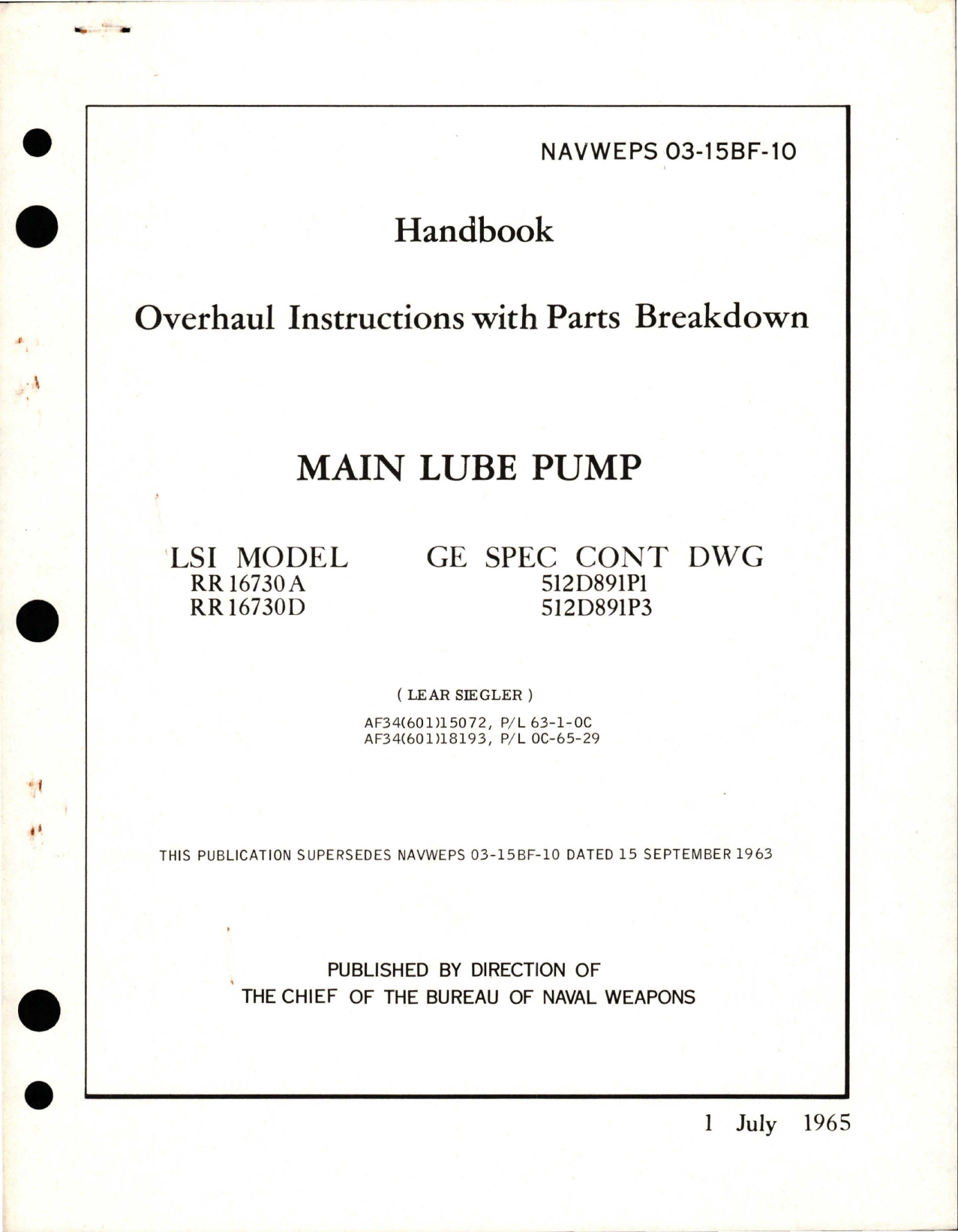 Sample page 1 from AirCorps Library document: Overhaul Instructions with Parts Breakdown for Main Lube Pump - LSI Model RR16730A and RR16730D