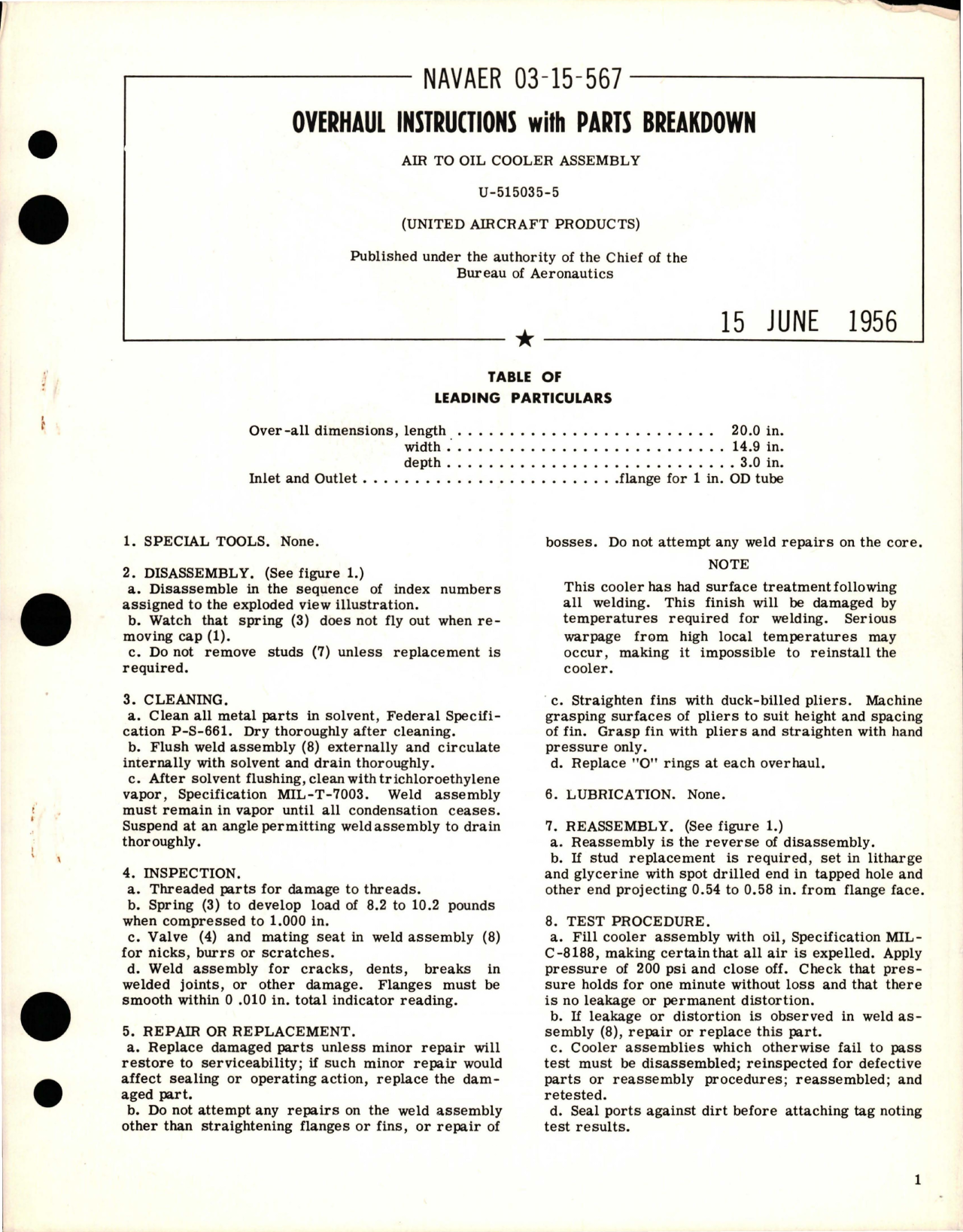 Sample page 1 from AirCorps Library document: Overhaul Instructions with Parts for Air to Oil Cooler Assembly - U-515035-5 