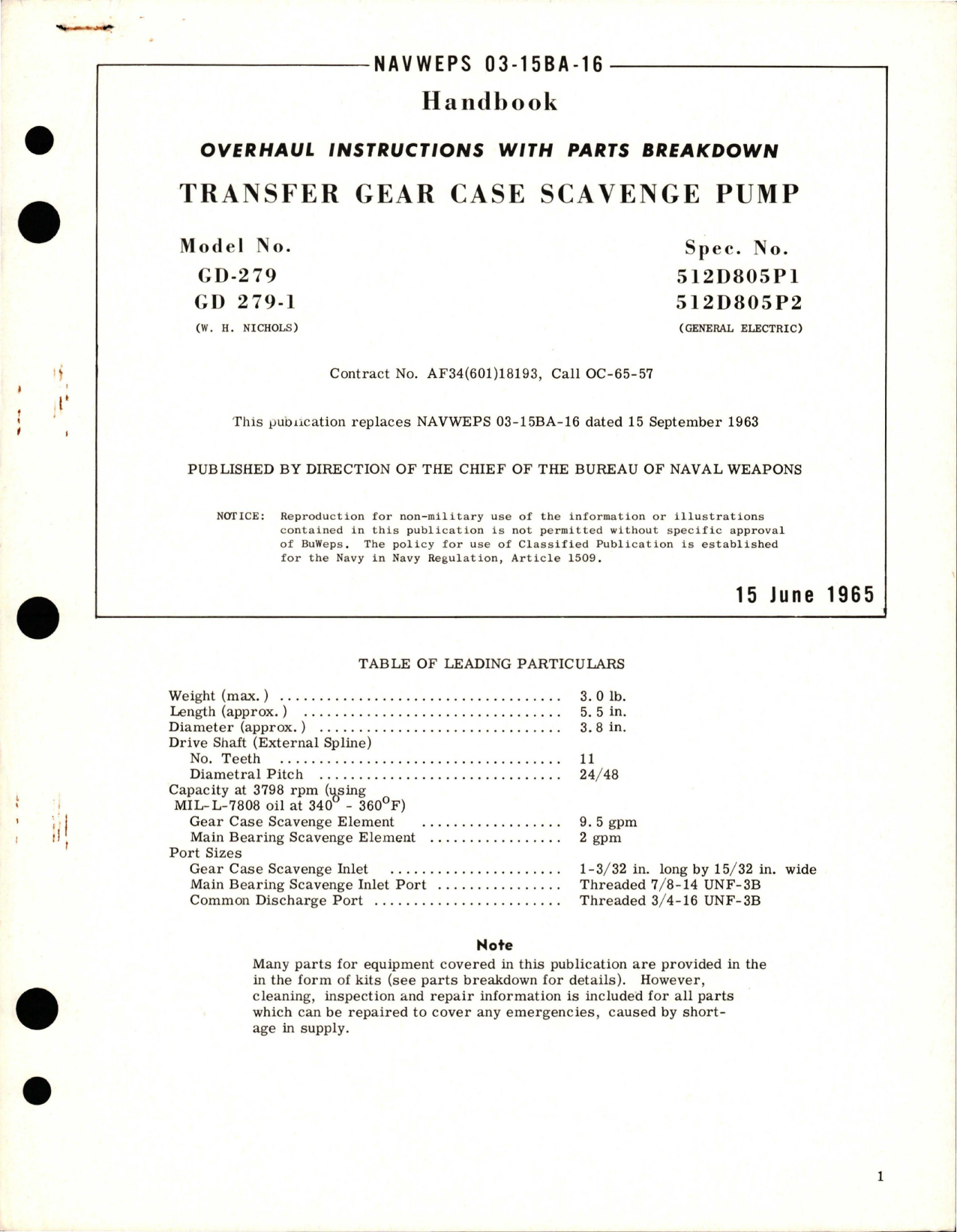 Sample page 1 from AirCorps Library document: Overhaul Instructions with Parts for Transfer Gear Case Scavenge Pump - Model GD 279 and GD 279-1