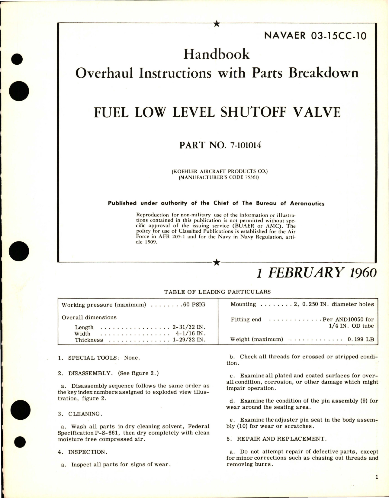 Sample page 1 from AirCorps Library document: Overhaul Instructions with Parts Breakdown for Fuel Low Level Shutoff Valve - Part 7-101014