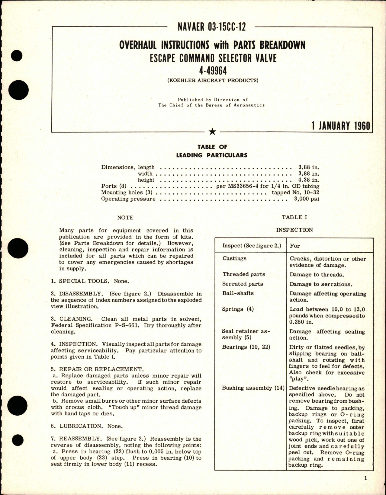 Sample page 1 from AirCorps Library document: Overhaul Instructions with Parts Breakdown for Escape Command Selector Valve - 4-49964