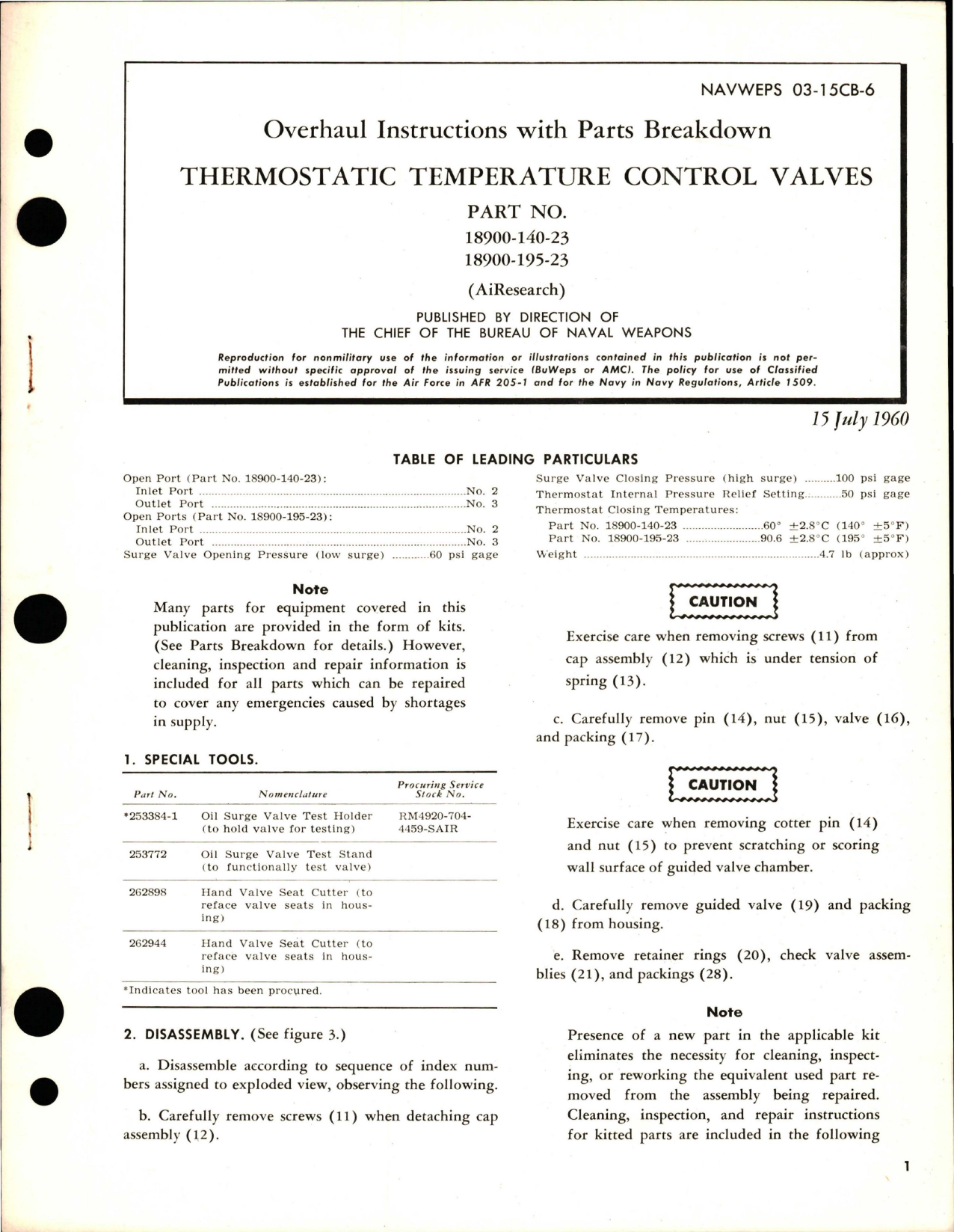 Sample page 1 from AirCorps Library document: Overhaul Instructions with Parts Breakdown for Thermostatic Temperature Control Valves - Parts 18900-140-23 and 18900-195-23