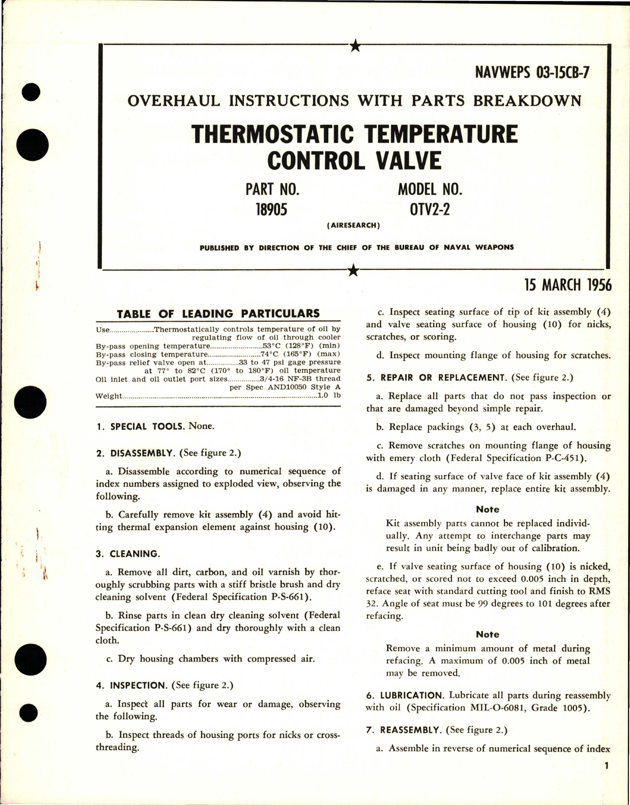 Sample page 1 from AirCorps Library document: Overhaul Instructions with Parts Breakdown for Thermostatic Temperature Control Valve - Part 18905 - Model OTV2-2