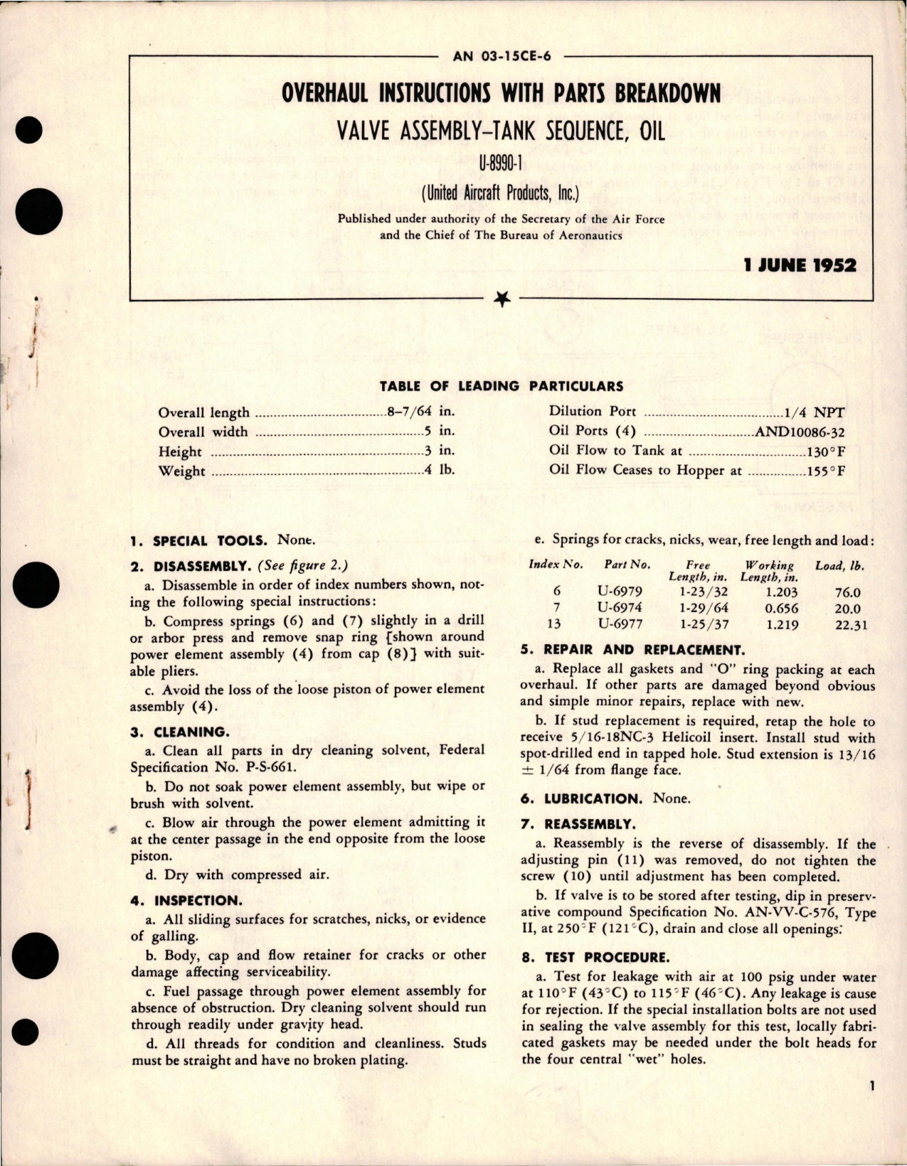 Sample page 1 from AirCorps Library document: Overhaul Instructions with Parts Breakdown for Tank Sequence- Oil Valve Assembly - U-8990-1