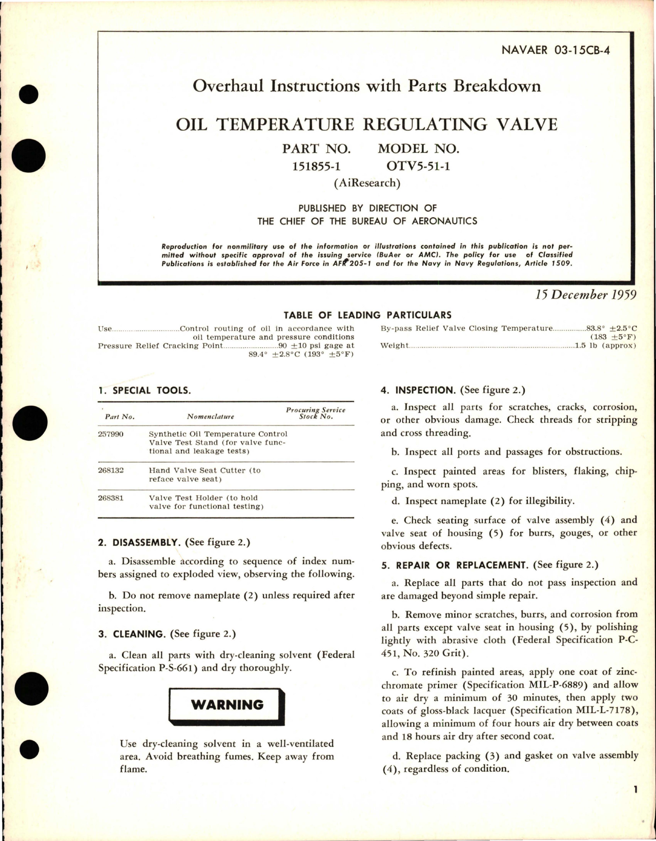 Sample page 1 from AirCorps Library document: Overhaul Instructions with Parts Breakdown for Oil Temperature Regulating Valve - Part 151855-1 - Model OTV5-51-1