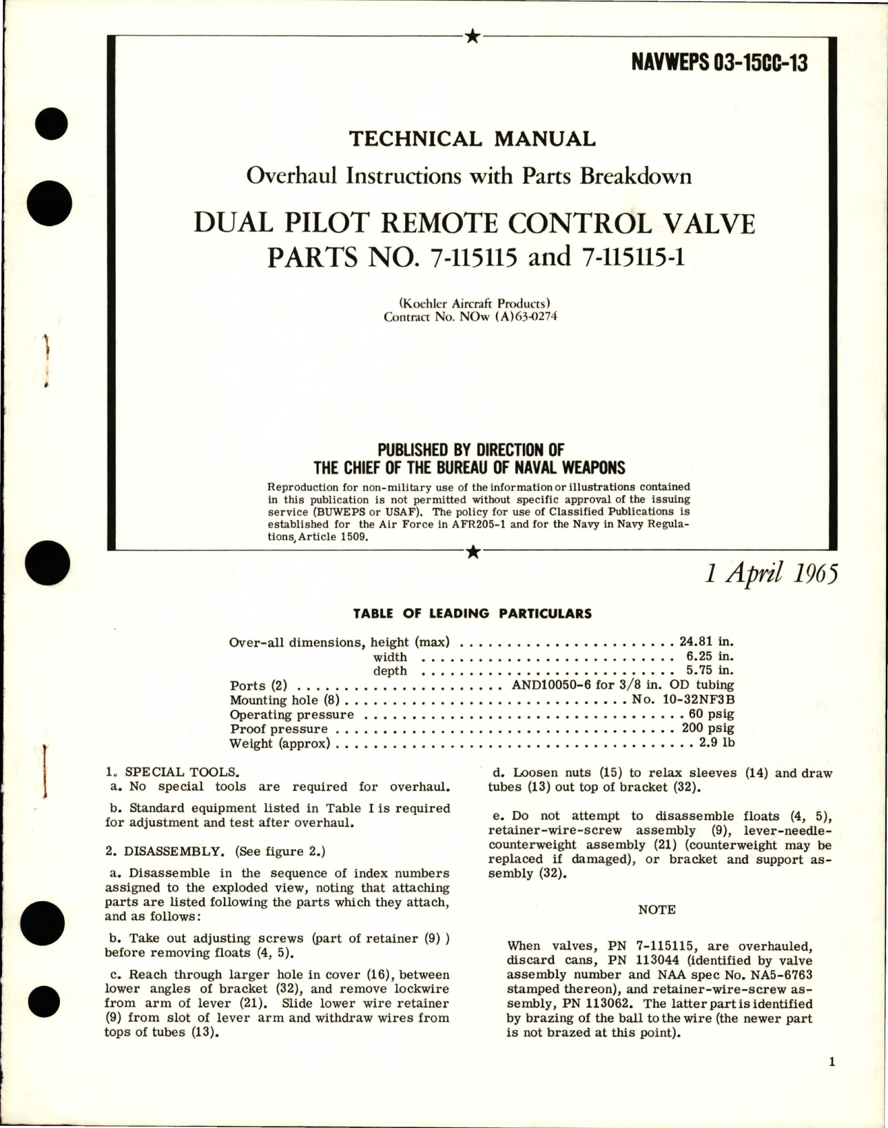 Sample page 1 from AirCorps Library document: Overhaul Instructions with Parts Breakdown for Dual Pilot Remote Control Valve - Parts 7-115115 and 7-115115-1