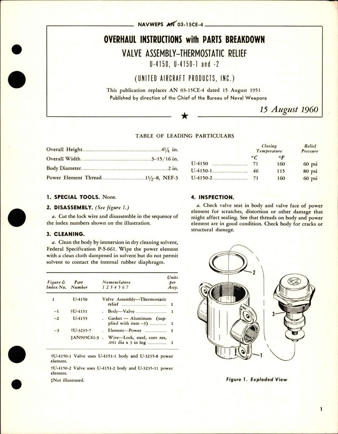 Sample page 1 from AirCorps Library document: Overhaul Instructions with Parts Breakdown for Valve Assembly - Thermostatic Relief - U-4150, U-4151-1, and U-4150-2 