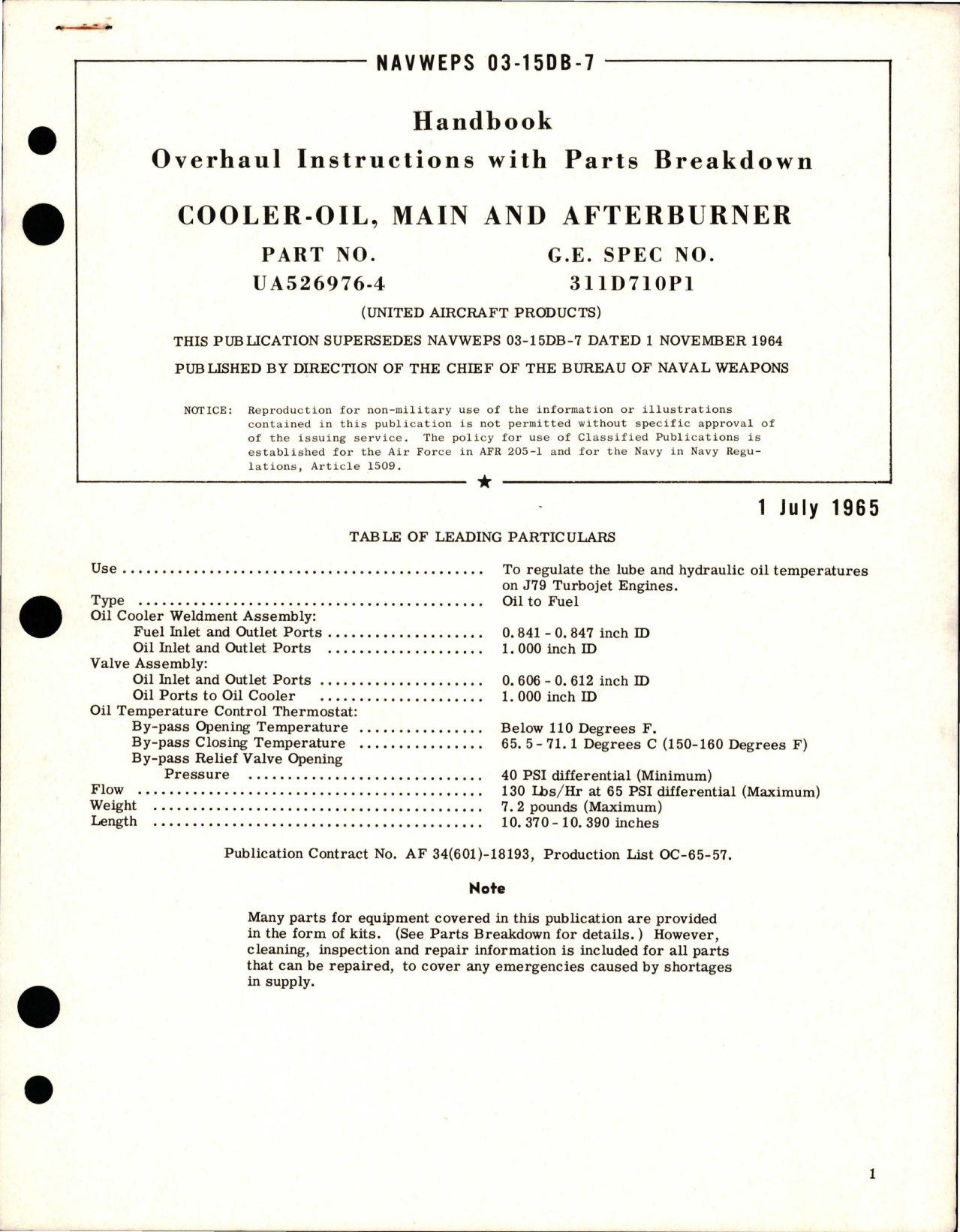 Sample page 1 from AirCorps Library document: Overhaul Instructions with Parts Breakdown for Main and Afterburner Oil Cooler - Part UA526976-4