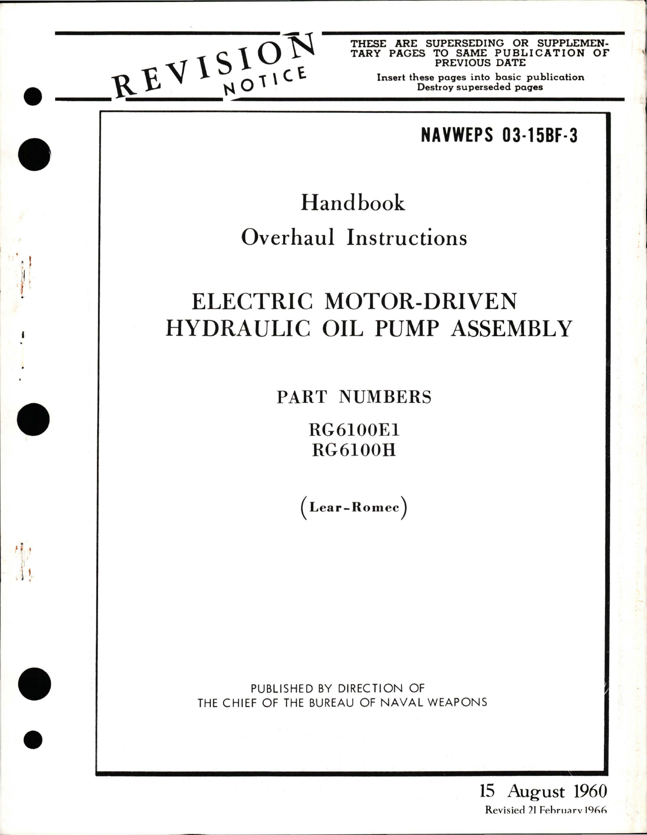 Sample page 1 from AirCorps Library document: Overhaul Instructions for Electric Motor-Driven Hydraulic Oil Pump Assembly - Parts RG6100E1 and RG6100H