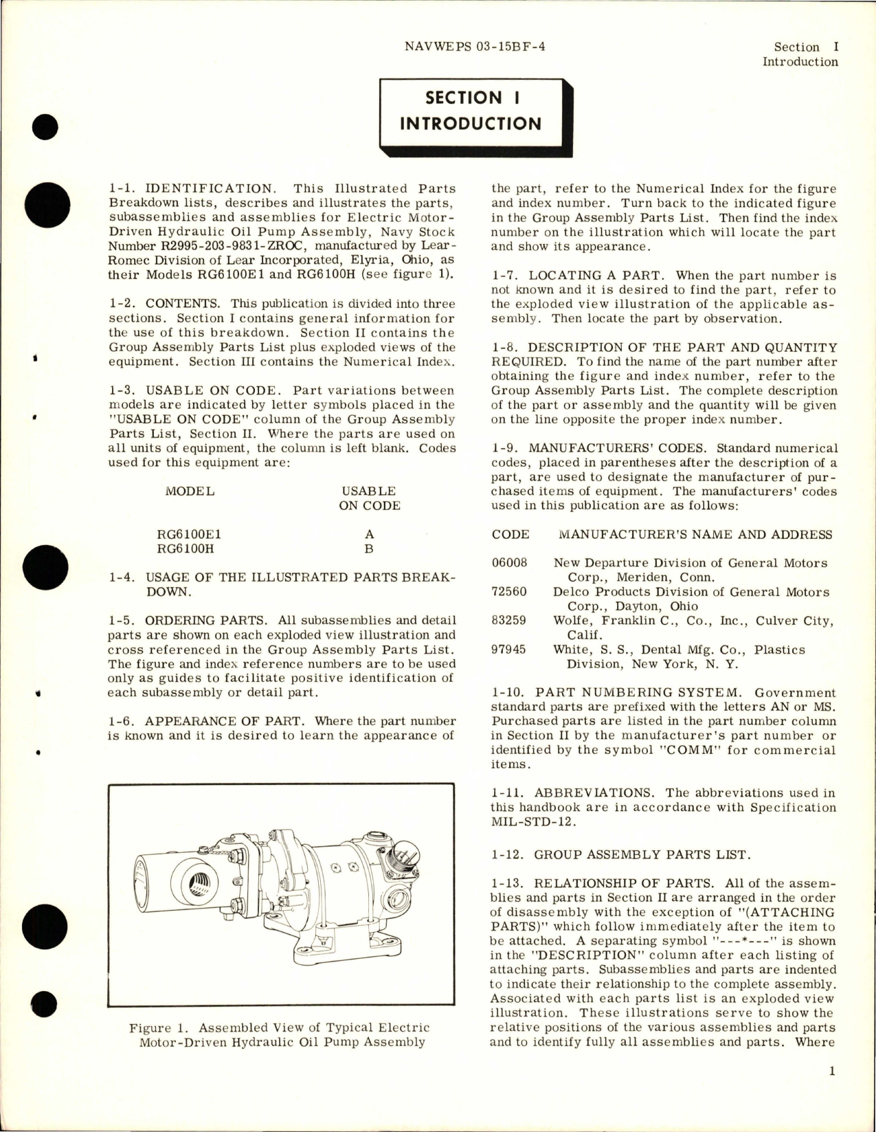 Sample page 5 from AirCorps Library document: Illustrated  Parts Breakdown for Electric Motor-Driven Hydraulic Oil Pump Assembly - Parts RG6100E1 and RG6100H