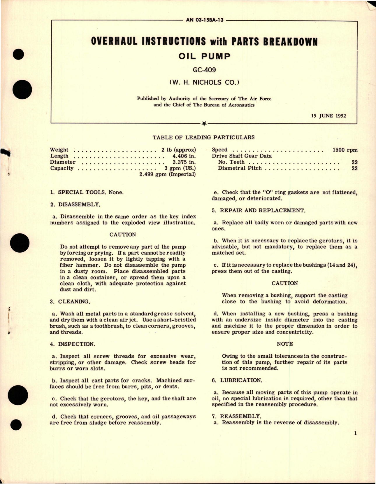 Sample page 1 from AirCorps Library document: Overhaul Instructions with Parts Breakdown for Oil Pump - GC-409