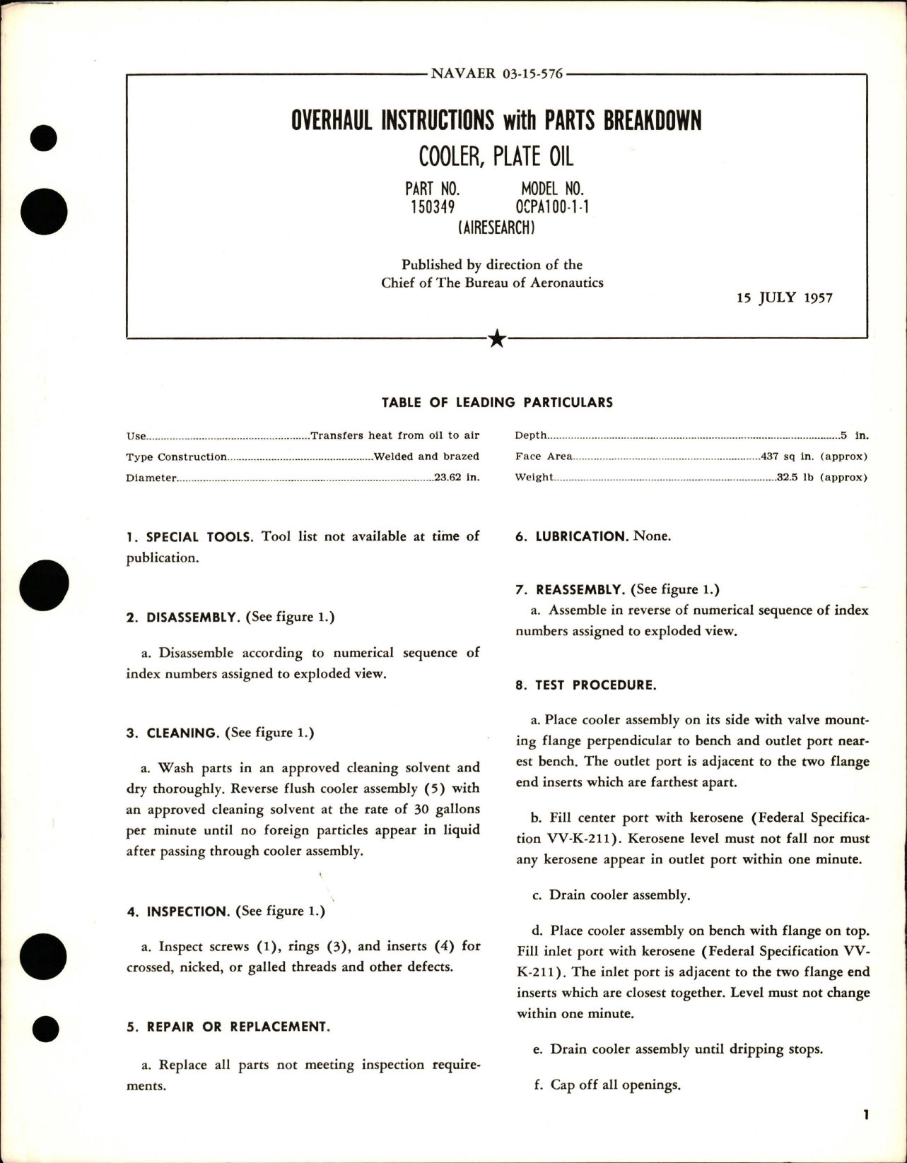 Sample page 1 from AirCorps Library document: Overhaul Instructions with Parts Breakdown for Plate Oil Cooler - Part 150349 - Model OCPA100-1-1