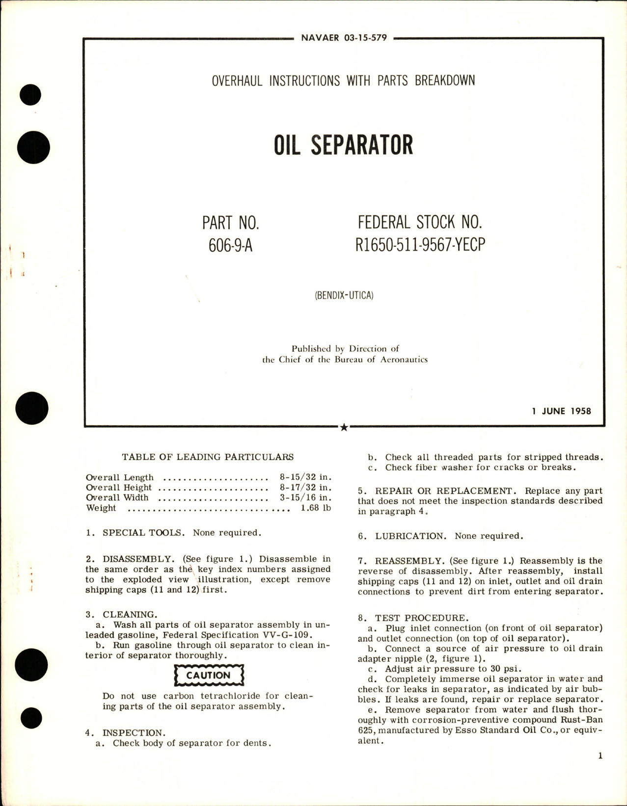 Sample page 1 from AirCorps Library document: Overhaul Instructions with Parts Breakdown for Oil Separator, Part 606-9-A