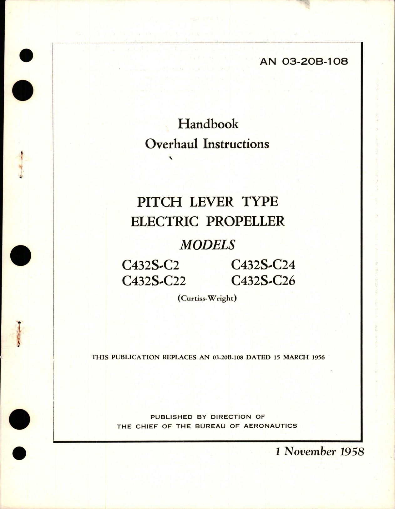 Sample page 1 from AirCorps Library document: Overhaul Instructions for Pitch Lever Type Electric Propeller - Models C432S-C2, C432S-C22, C432S-C24, C432S-C-26 