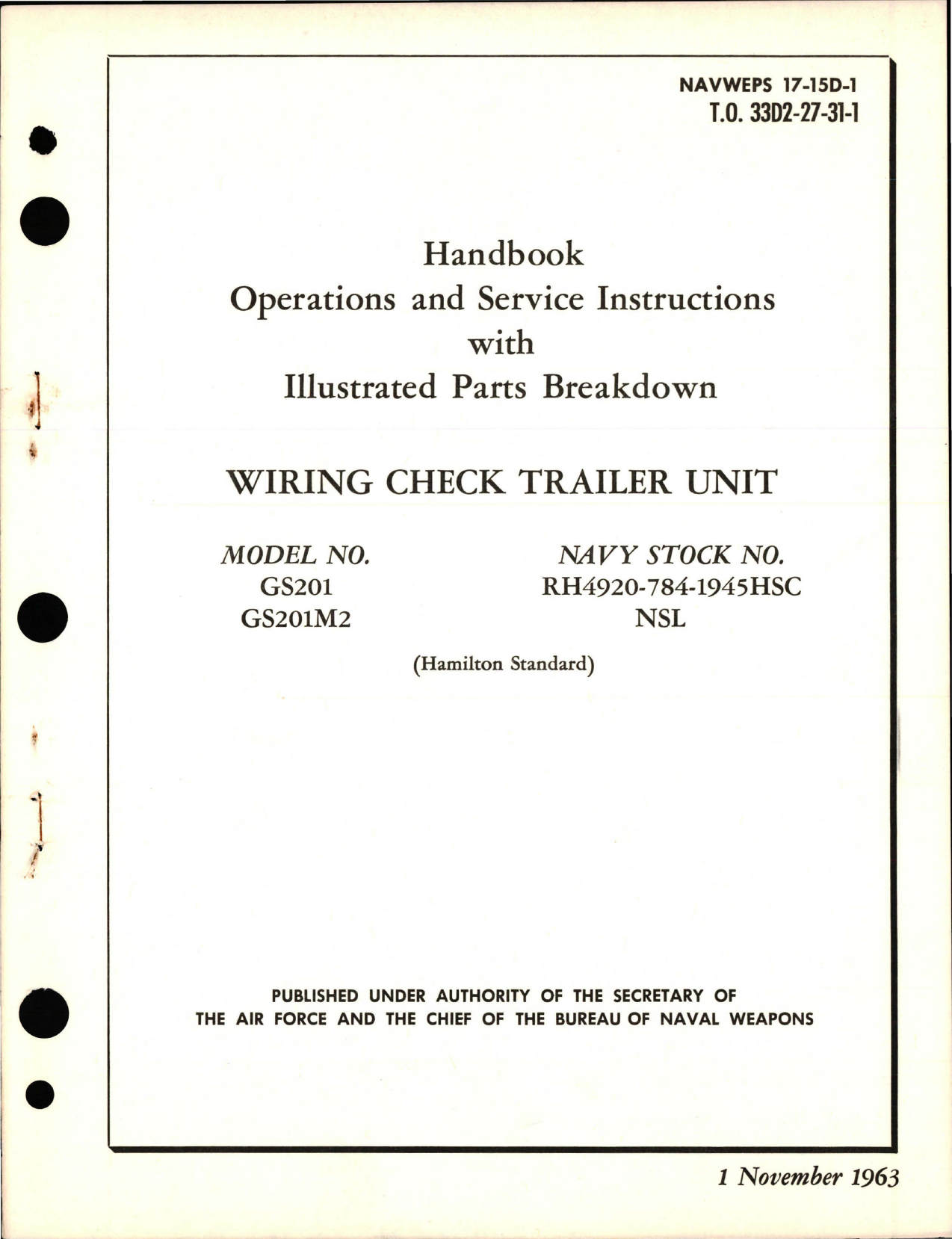 Sample page 1 from AirCorps Library document: Operations and Service Instructions with Illustrated Parts for Wiring Check Trailer Unit - Model GS201, and GS201M2