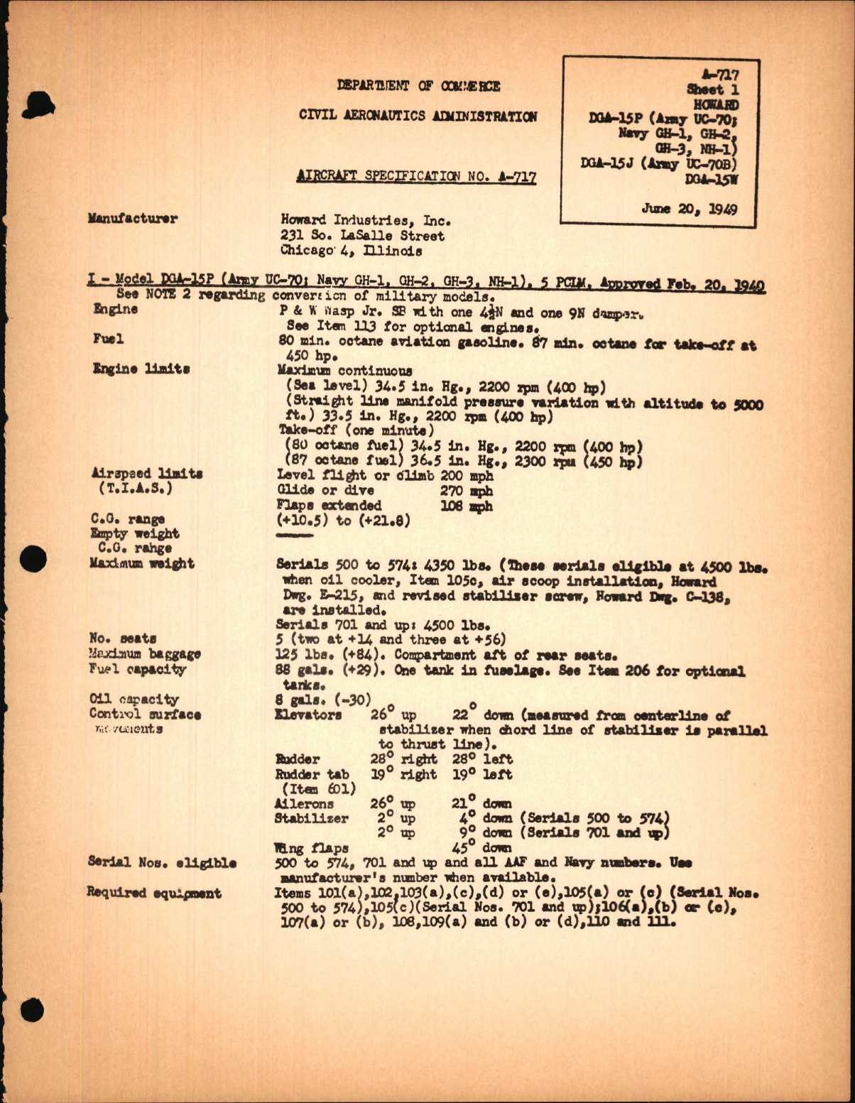 Sample page 1 from AirCorps Library document: Specifications, DGA-15P, -15J, -15W, UC-70, -70B, GH-1, -2, -3