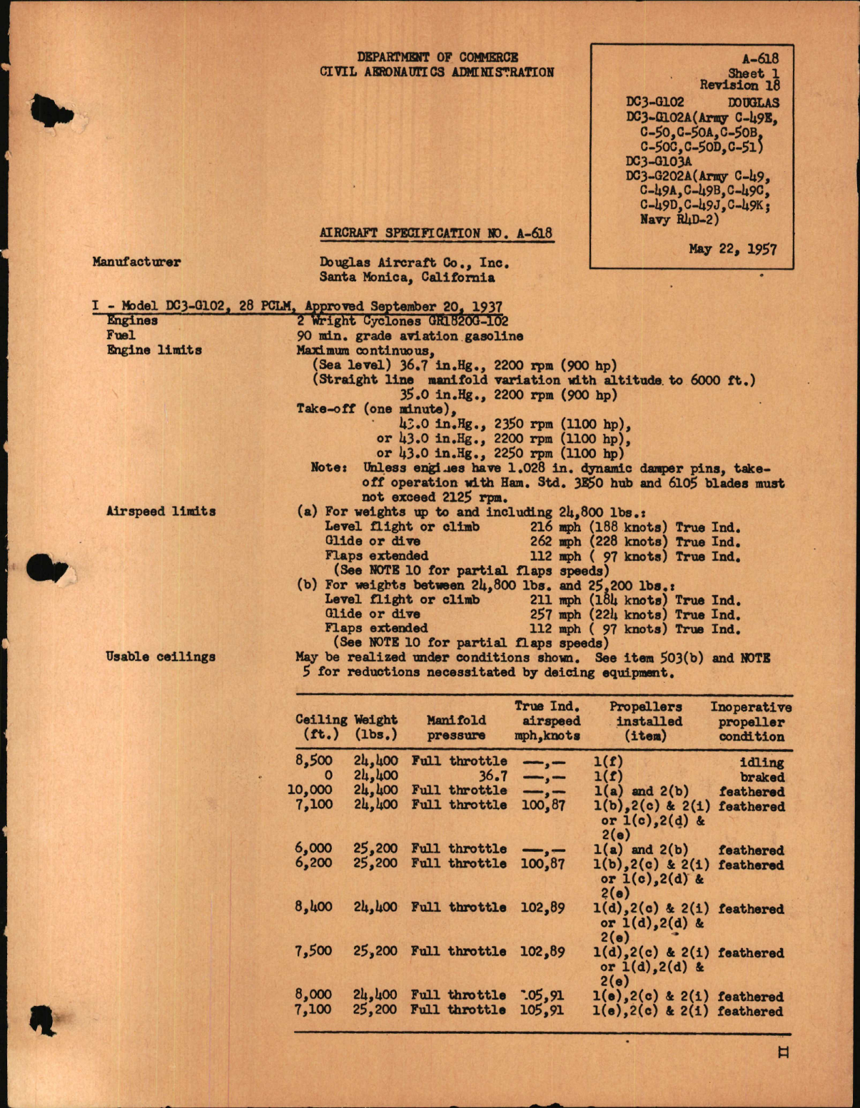 Sample page 1 from AirCorps Library document: DC3, C-49 and C-50 Series, Revision 18