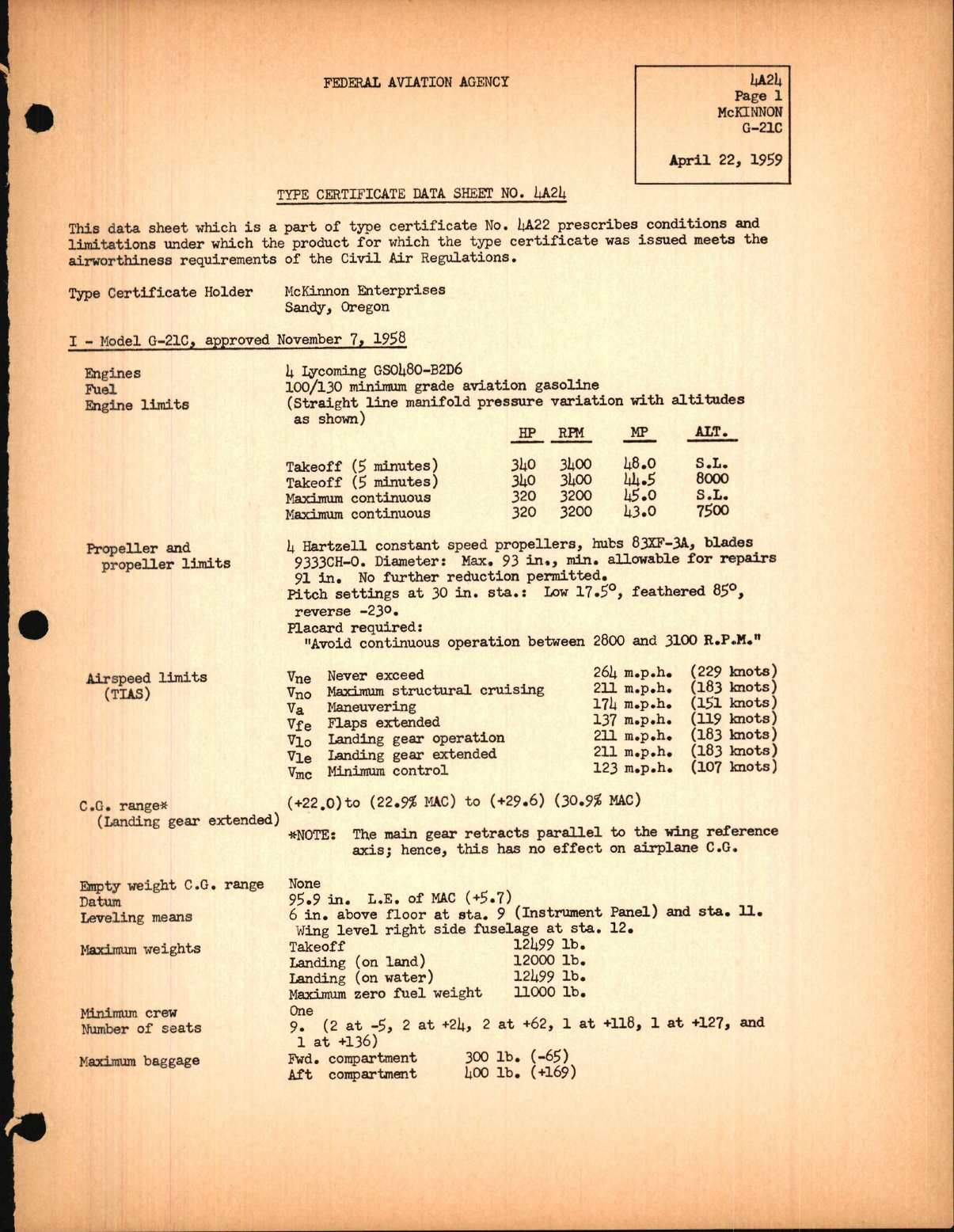 Sample page 1 from AirCorps Library document: G-21C - Type Certificate