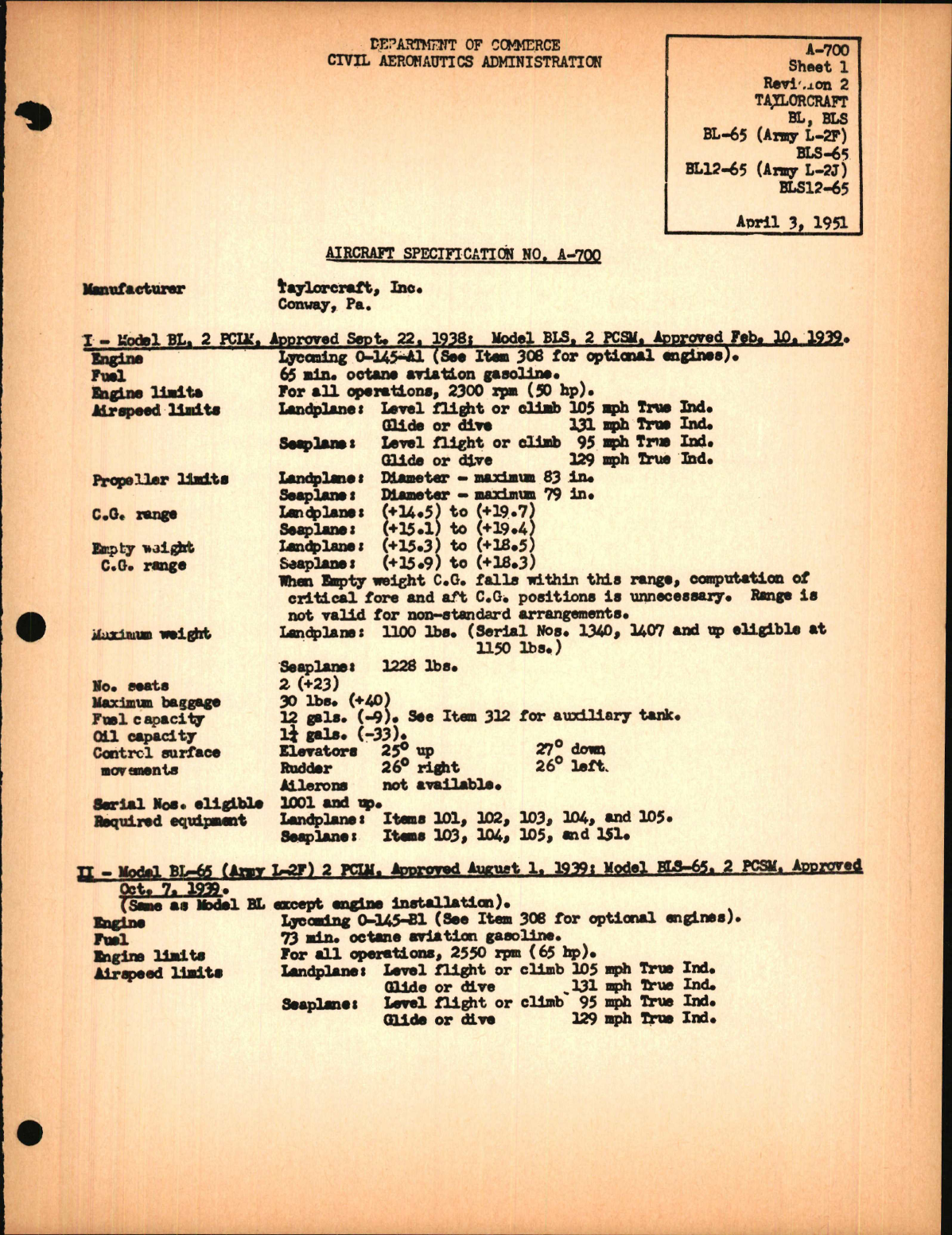 Sample page 1 from AirCorps Library document: BL, BL-65, BL12-65, BLS, BLS-65, BLS12-65, L-2F and L-2J