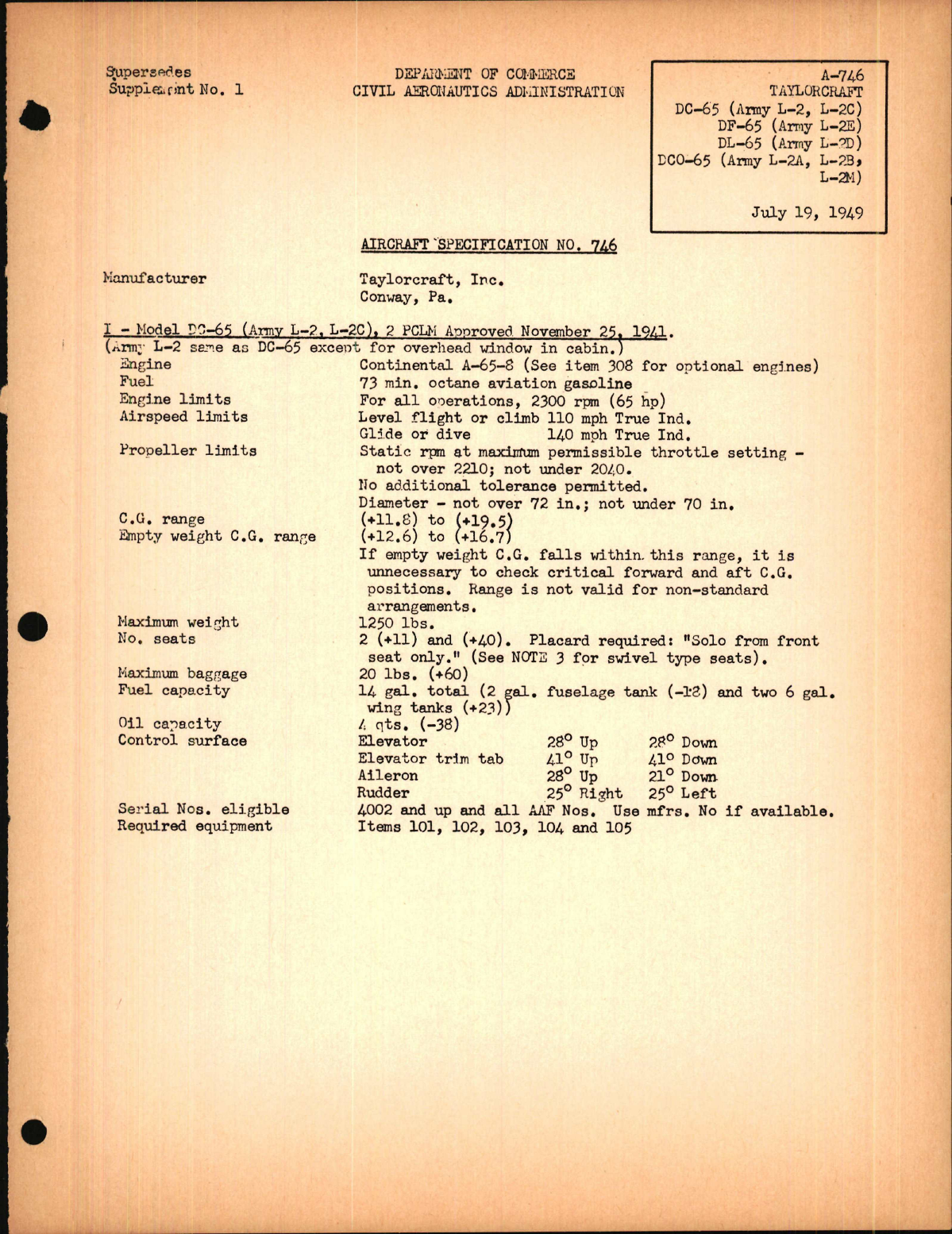 Sample page 1 from AirCorps Library document: DC-65, DF-65, DL-65, and L-2 Series