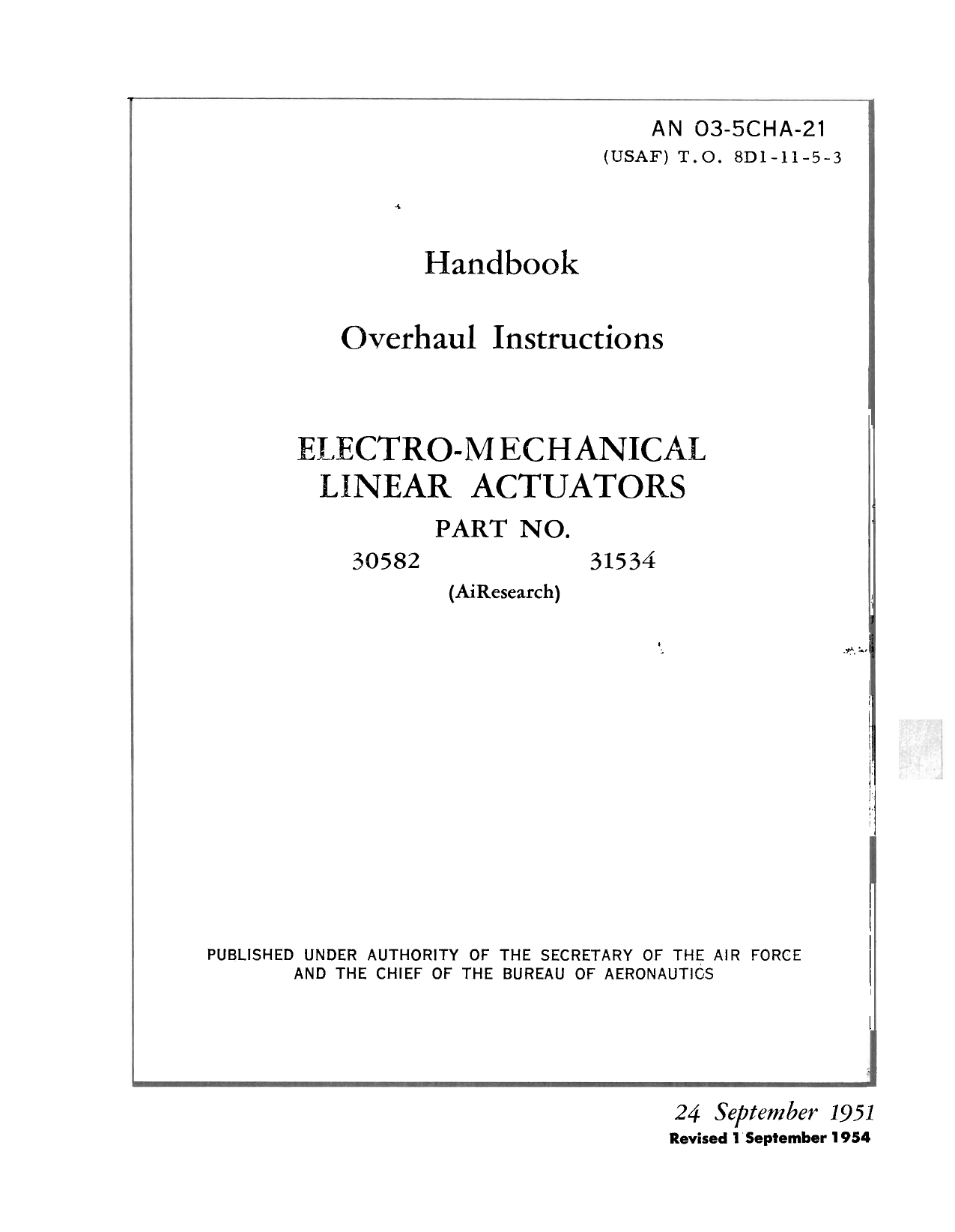 Sample page 1 from AirCorps Library document: Overhaul Instructions for Electro-Mechanical Linear Actuators - Parts 30582 and 31534