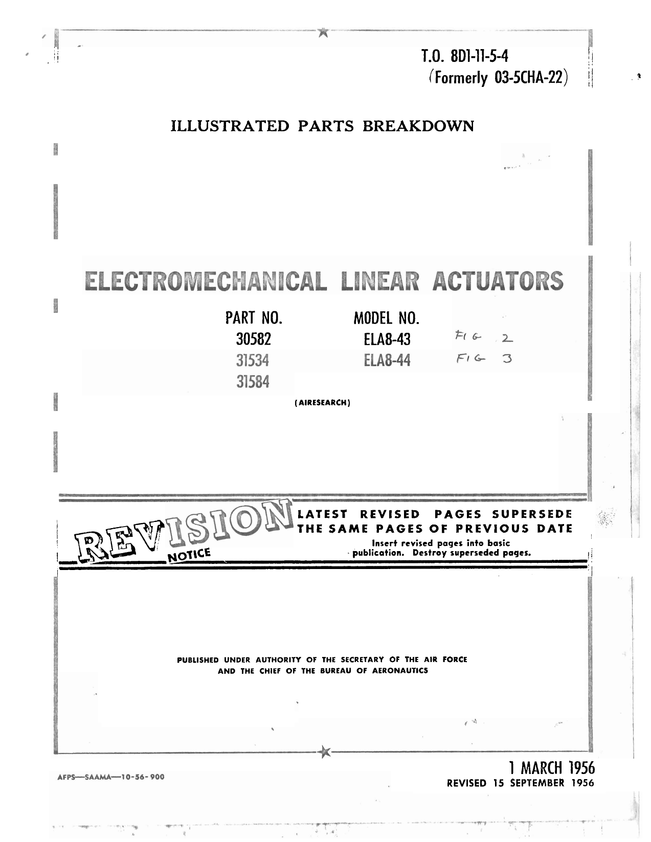 Sample page 1 from AirCorps Library document: Illustrated Parts Breakdown for Electromechanical Linear Actuators - Parts 30582, 31534, 31584 - Model ELA8-43 and ELA8-44