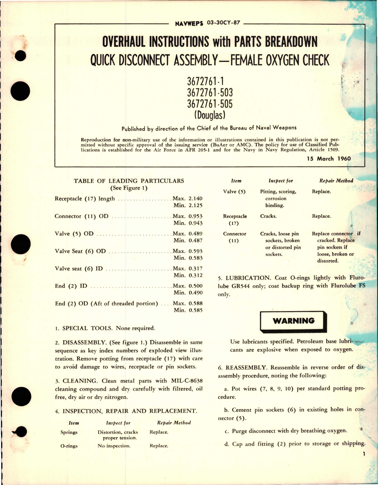 Sample page 1 from AirCorps Library document: Overhaul Instructions with Parts for Female Oxygen Check Quick Disconnect Assembly - 3672761-1, 3672761-503, and 3672761-505