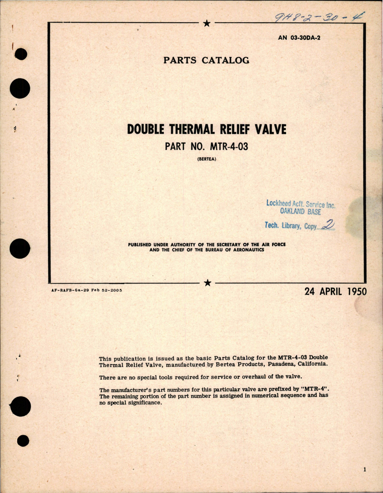Sample page 1 from AirCorps Library document: Parts Catalog - Double Thermal Relief Valve - Part MTR-4-03