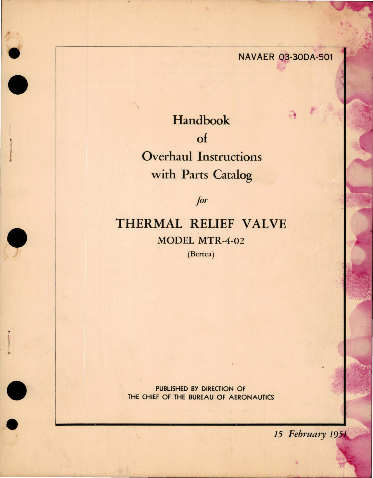 Sample page 1 from AirCorps Library document: Overhaul Instructions with Parts Catalog for Thermal Relief Valve - Model MTR-4-02 