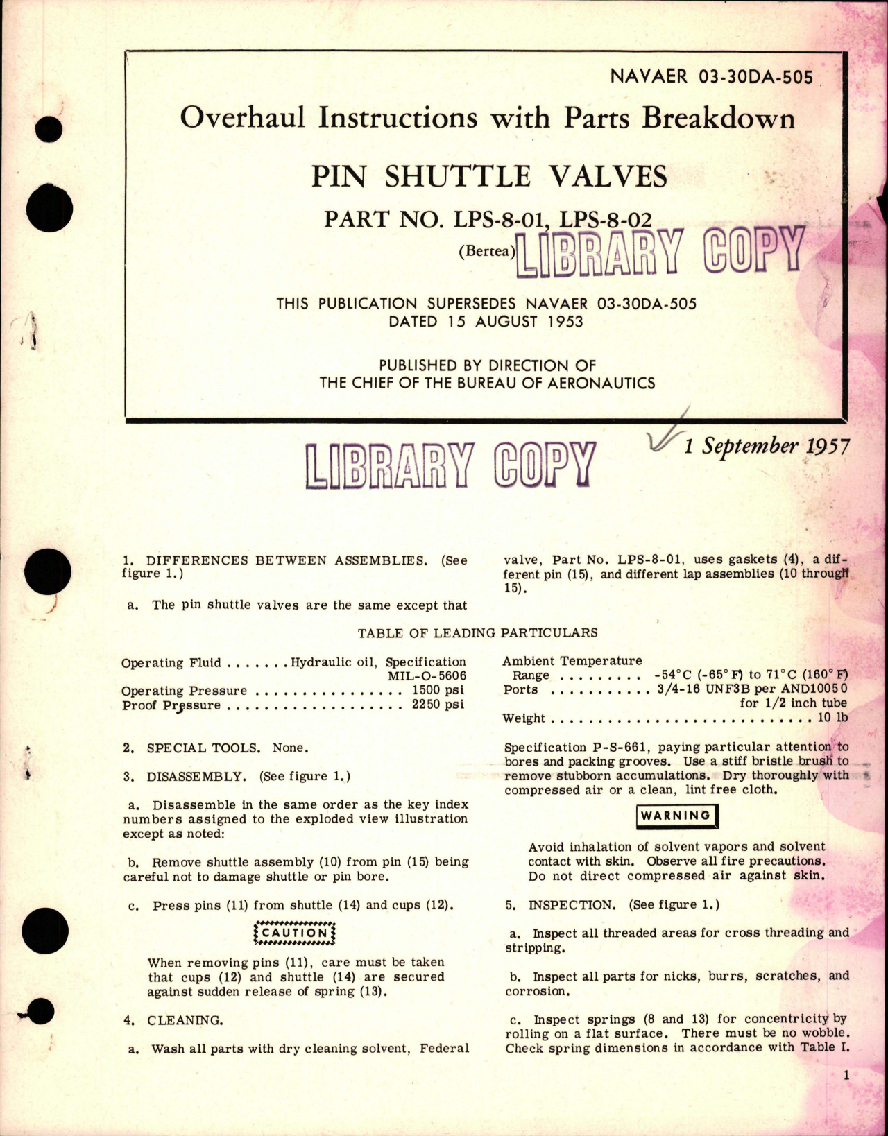 Sample page 1 from AirCorps Library document: Overhaul Instructions with Parts Breakdown for Pin Shuttle Valves - Parts LPS-8-01 and LPS-8-02 