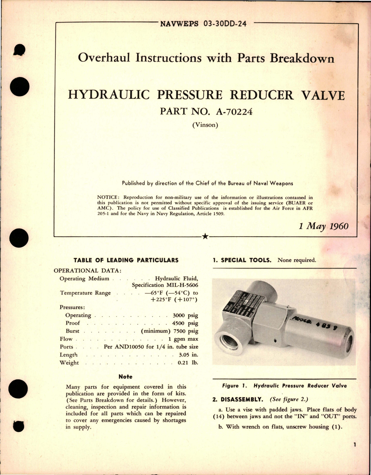 Sample page 1 from AirCorps Library document: Overhaul Instructions with Parts Breakdown for Hydraulic Pressure Reducer Valve - Part A-70224